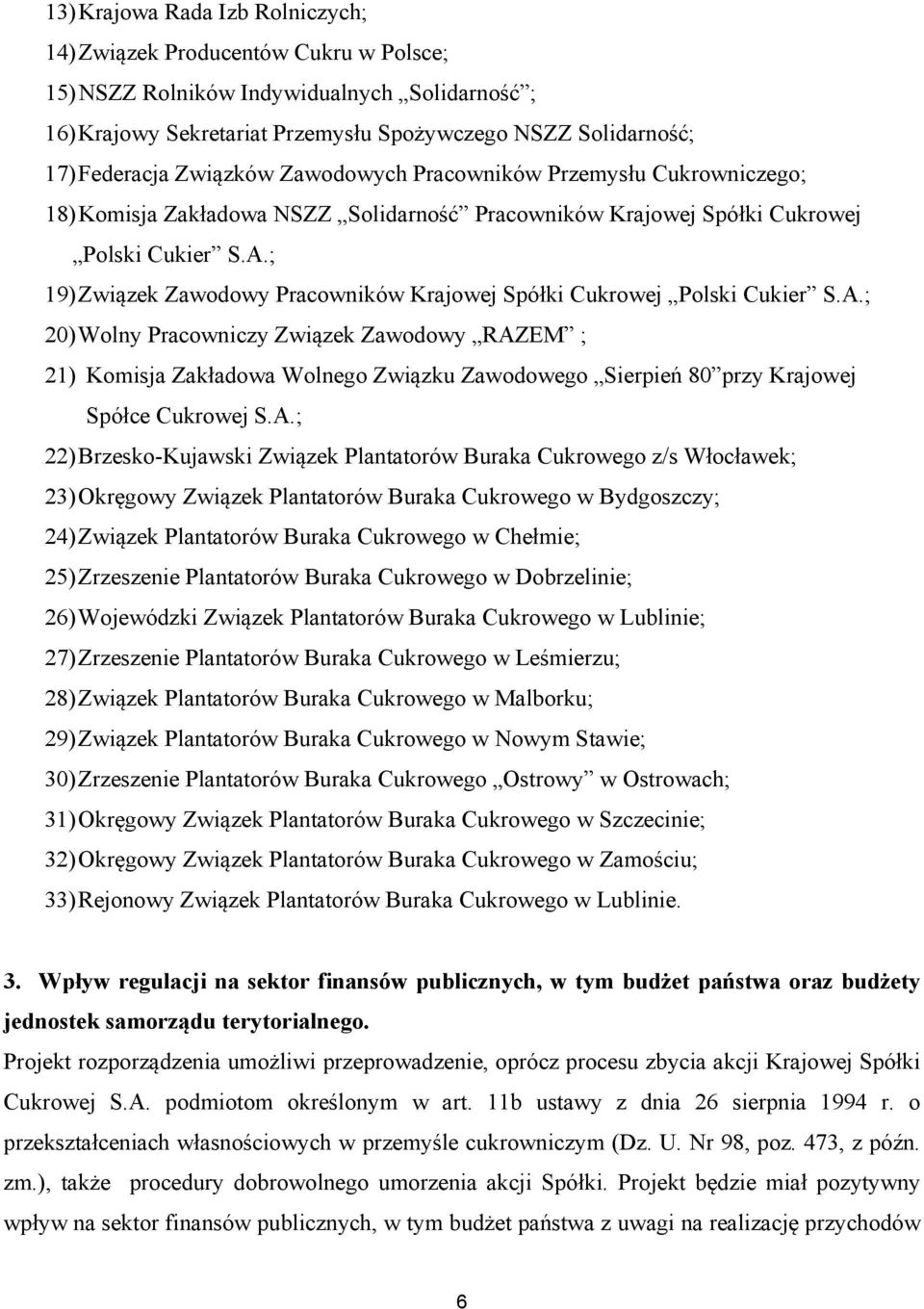 ; 19) Związek Zawodowy Pracowników Krajowej Spółki Cukrowej Polski Cukier S.A.