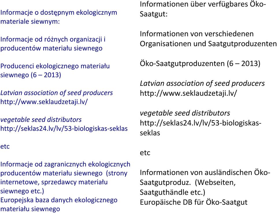 lv/lv/53-biologiskas-seklas etc Informacje od zagranicznych ekologicznych producentów materiału siewnego (strony internetowe, sprzedawcy materiału siewnegoetc.