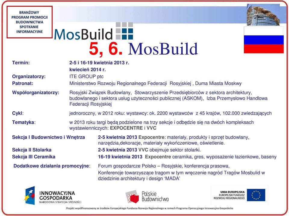 Przedsiębiorców z sektora architektury, budowlanego i sektora usług uŝyteczności publicznej (ASKOM), Izba Przemysłowo Handlowa Federacji Rosyjskiej jednoroczny, w 2012 roku: wystawcy: ok.