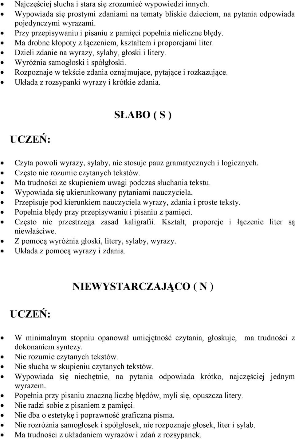 Wyróżnia samogłoski i spółgłoski. Rozpoznaje w tekście zdania oznajmujące, pytające i rozkazujące. Układa z rozsypanki wyrazy i krótkie zdania.