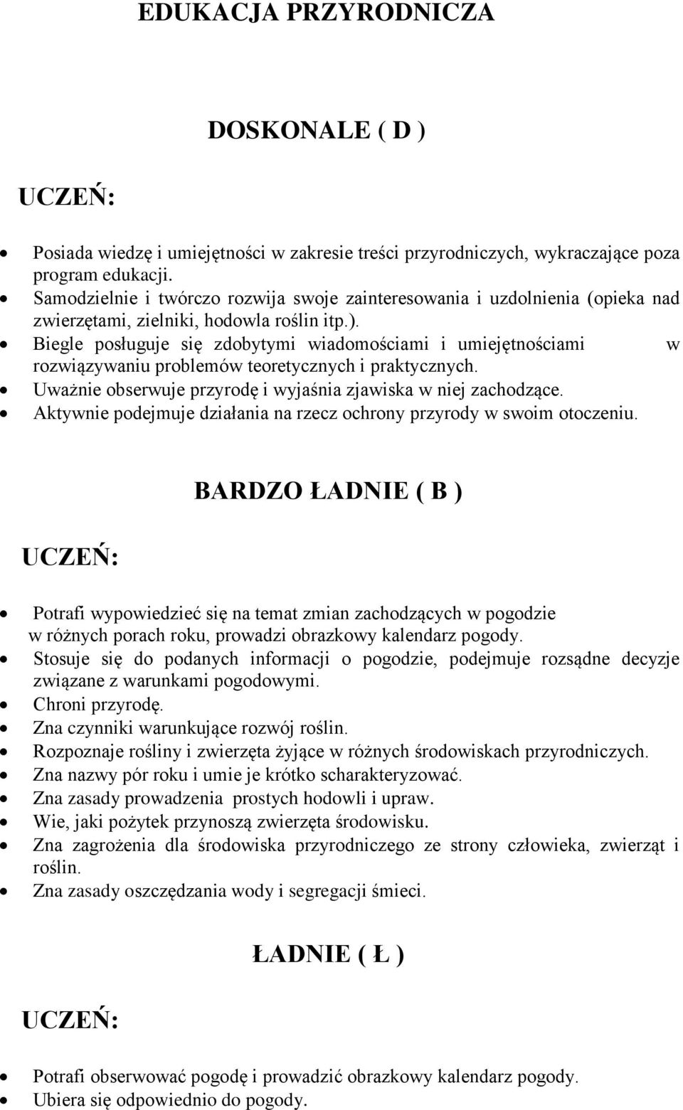 Biegle posługuje się zdobytymi wiadomościami i umiejętnościami w rozwiązywaniu problemów teoretycznych i praktycznych. Uważnie obserwuje przyrodę i wyjaśnia zjawiska w niej zachodzące.