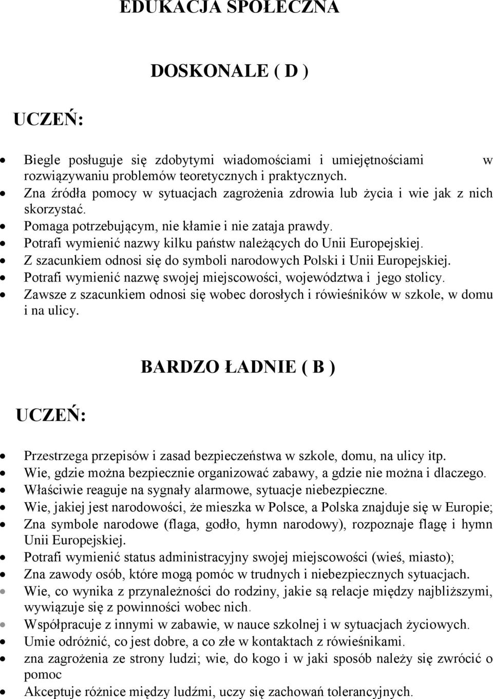 Potrafi wymienić nazwy kilku państw należących do Unii Europejskiej. Z szacunkiem odnosi się do symboli narodowych Polski i Unii Europejskiej.