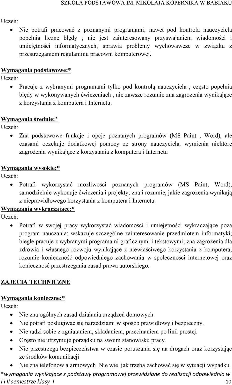 Pracuje z wybranymi programami tylko pod kontrolą nauczyciela ; często popełnia błędy w wykonywanych ćwiczeniach, nie zawsze rozumie zna zagrożenia wynikające z korzystania z komputera i Internetu.