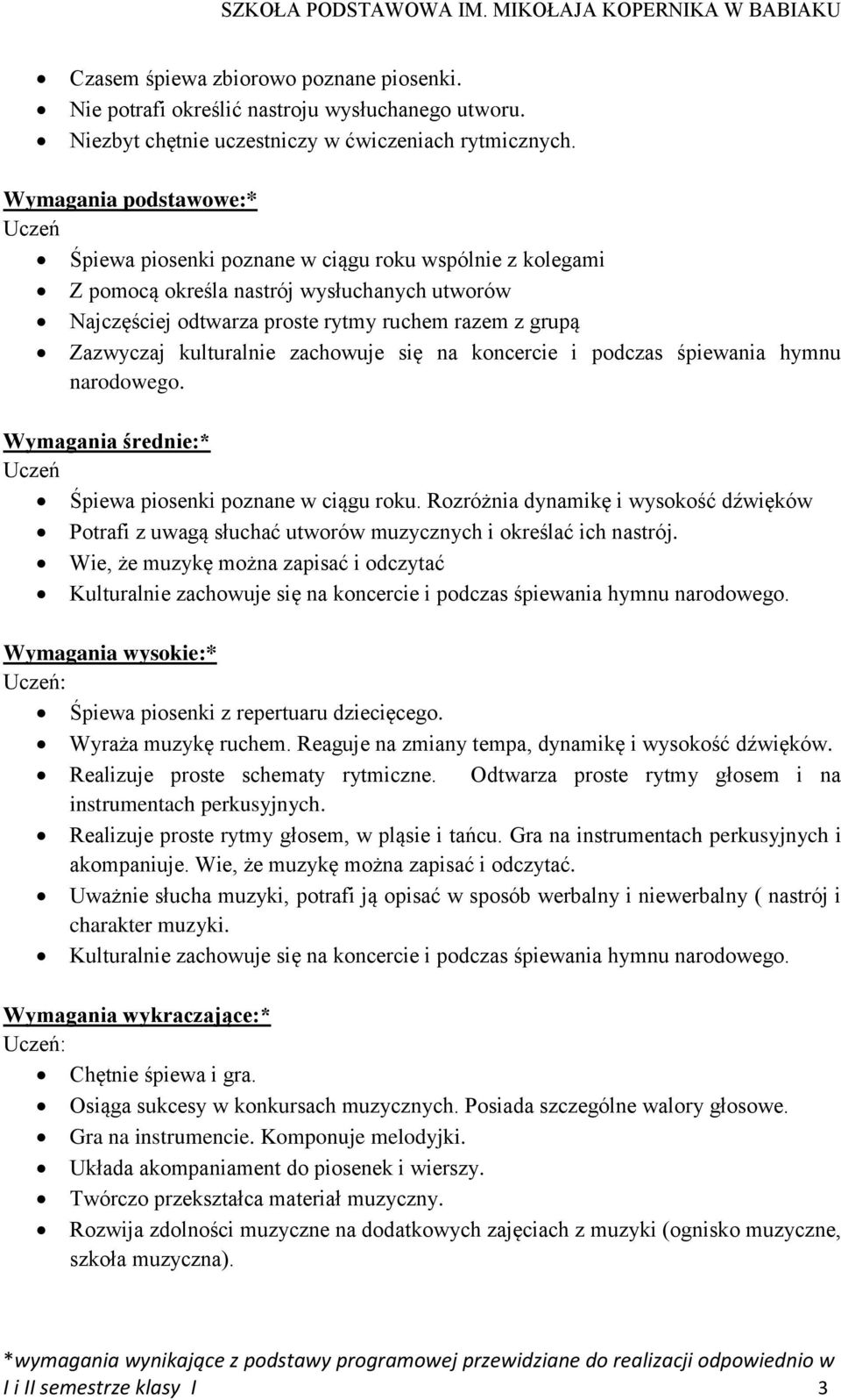 na koncercie i podczas śpiewania hymnu narodowego. Uczeń Śpiewa piosenki poznane w ciągu roku. Rozróżnia dynamikę i wysokość dźwięków Potrafi z uwagą słuchać utworów muzycznych i określać ich nastrój.