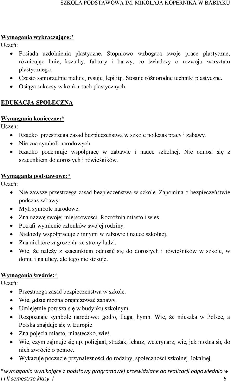 EDUKACJA SPOŁECZNA Rzadko przestrzega zasad bezpieczeństwa w szkole podczas pracy i zabawy. Nie zna symboli narodowych. Rzadko podejmuje współpracę w zabawie i nauce szkolnej.