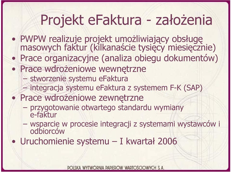 efaktura integracja systemu efaktura z systemem F-K (SAP) Prace wdrożeniowe zewnętrzne przygotowanie otwartego