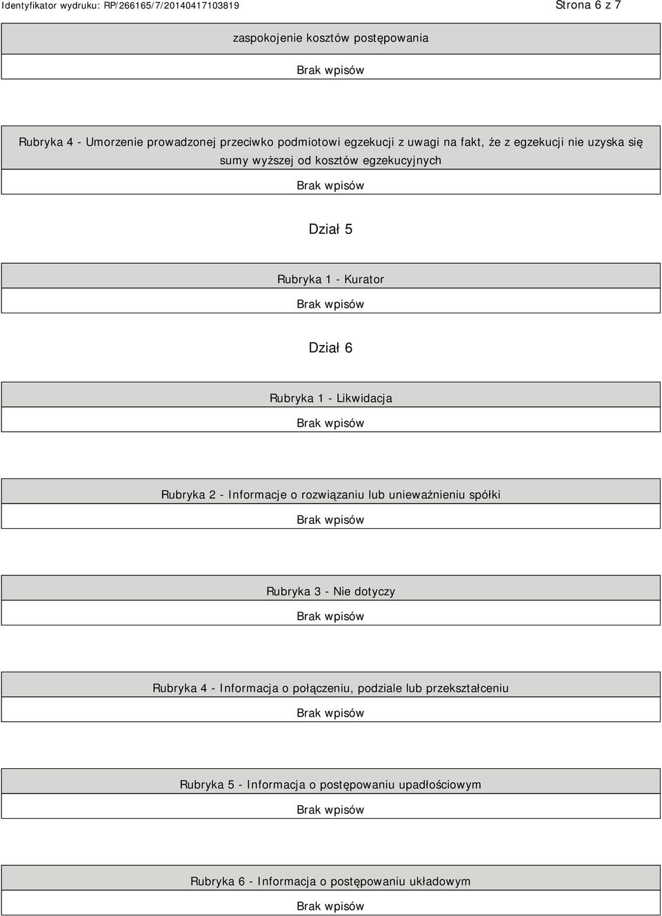 Likwidacja Rubryka 2 - Informacje o rozwiązaniu lub unieważnieniu spółki Rubryka 3 - Nie dotyczy Rubryka 4 - Informacja o