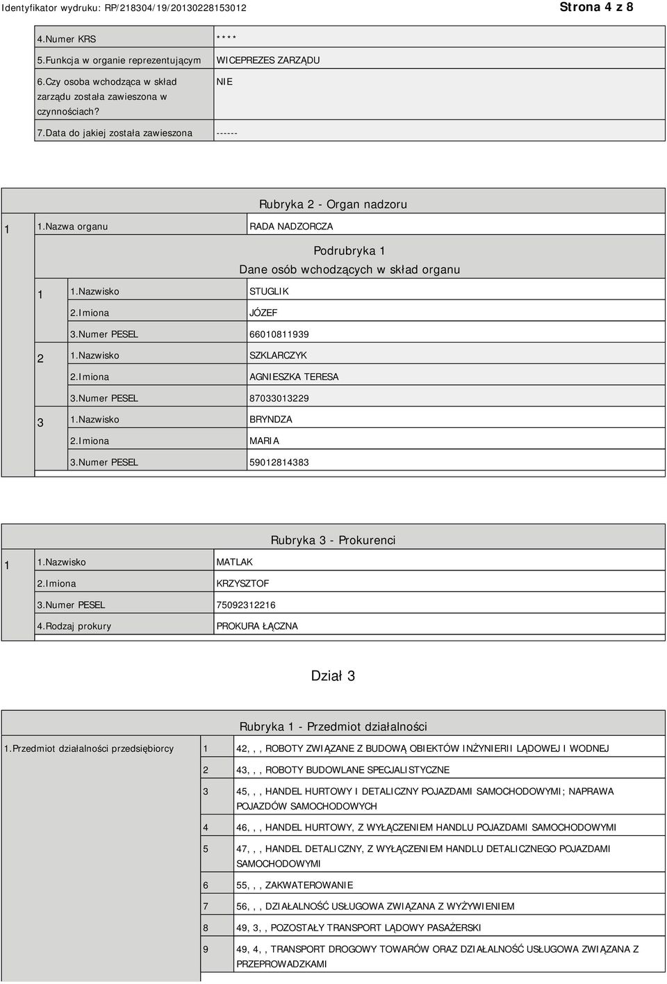 Numer PESEL 66010811939 2 1.Nazwisko SZKLARCZYK AGSZKA TERESA 3.Numer PESEL 87033013229 3 1.Nazwisko BRYNDZA MARIA 3.Numer PESEL 59012814383 1 1.Nazwisko MATLAK Rubryka 3 - Prokurenci KRZYSZTOF 3.