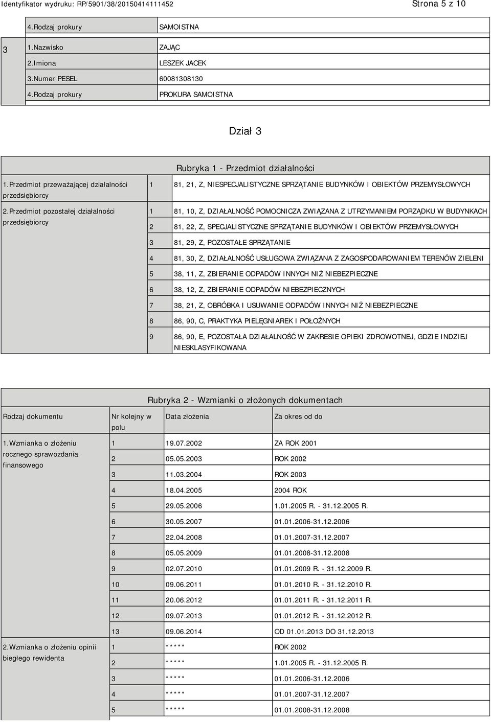 Przedmiot pozostałej działalności przedsiębiorcy 1 81, 21, Z, NIESPECJALISTYCZNE SPRZĄTANIE BUDYNKÓW I OBIEKTÓW PRZEMYSŁOWYCH 1 81, 10, Z, DZIAŁALNOŚĆ POMOCNICZA ZWIĄZANA Z UTRZYMANIEM PORZĄDKU W