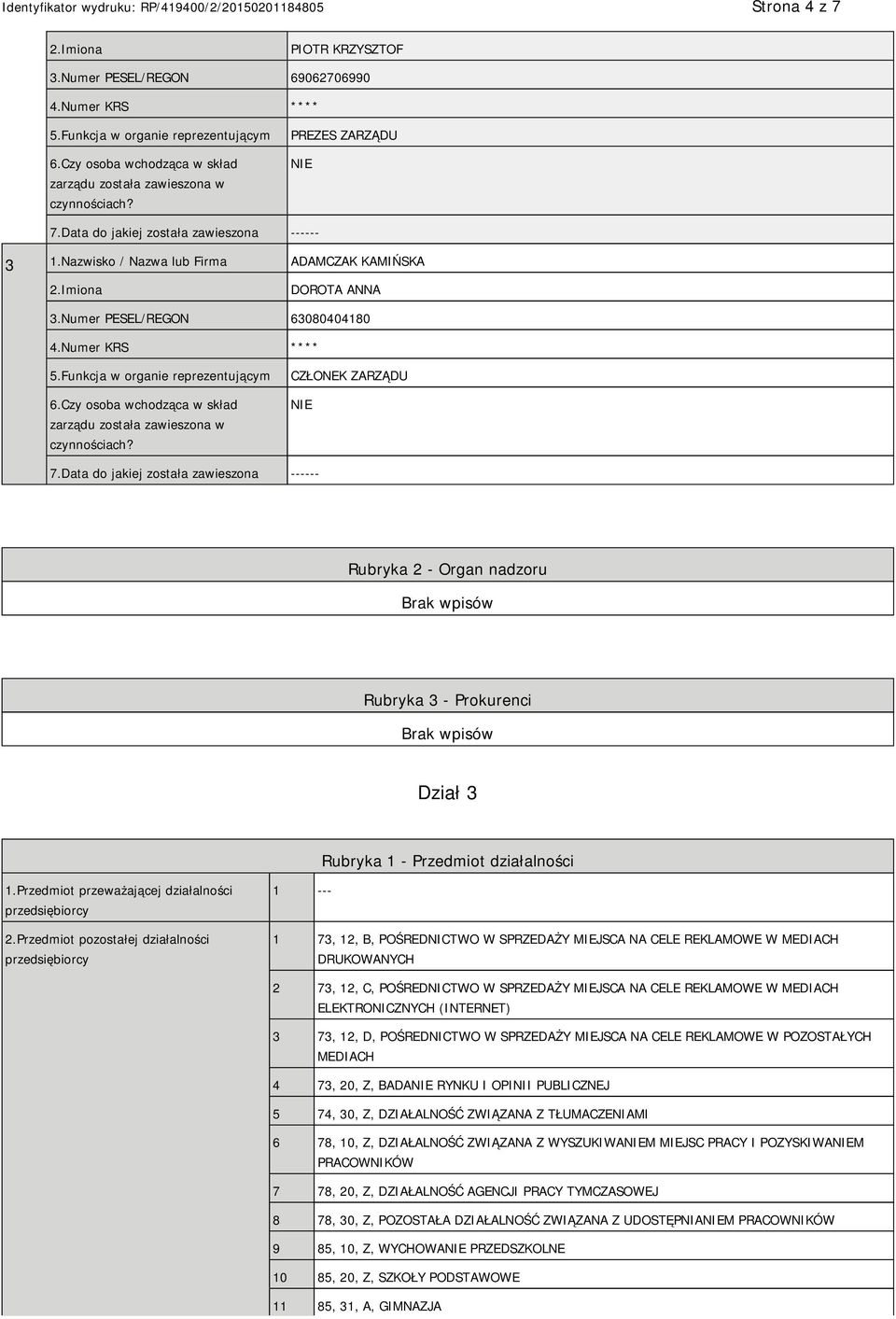 Funkcja w organie reprezentującym 6.Czy osoba wchodząca w skład zarządu została zawieszona w czynnościach? CZŁONEK ZARZĄDU 7.