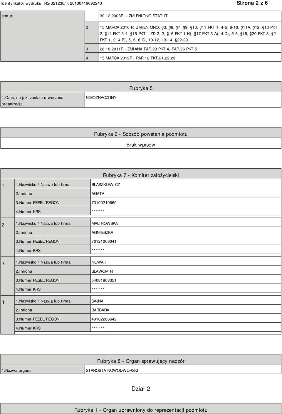 3 26.10.2011R.- ZMIANA PAR.23 PKT 4, PAR.26 PKT 5 4 15 MARCA 2012R., PAR.12 PKT.21,22,23 Rubryka 5 1.Czas, na jaki została utworzona organizacja NIEOZNACZONY Rubryka 6 - Sposób powstania podmiotu 1 1.