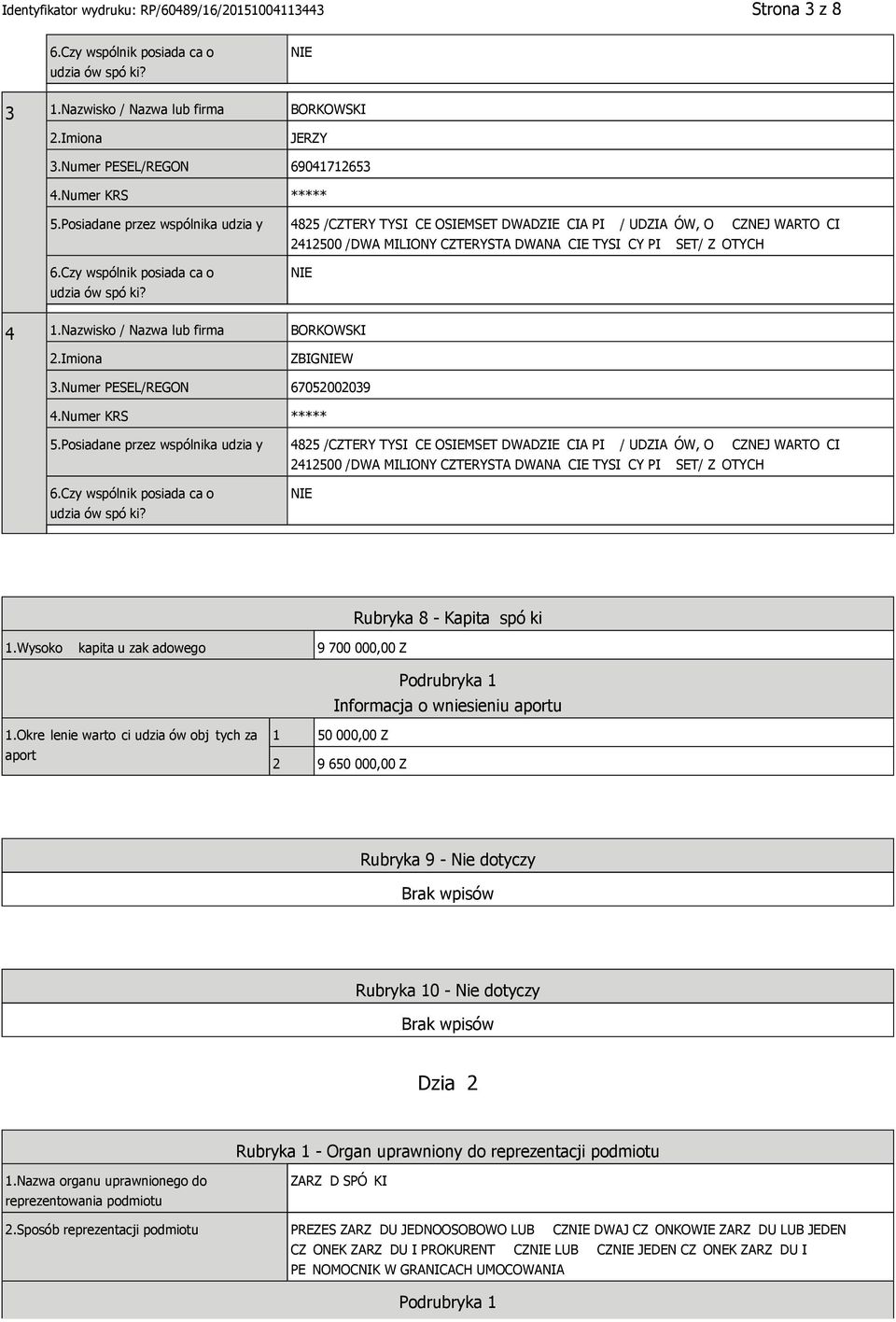 Czy wspólnik posiada ca o udzia ów spó ki? 4 1.Nazwisko / Nazwa lub firma BORKOWSKI ZBIGW 3.Numer PESEL/REGON 67052002039 4.Numer KRS ***** 5.Czy wspólnik posiada ca o udzia ów spó ki? Rubryka 8 - Kapita spó ki 1.