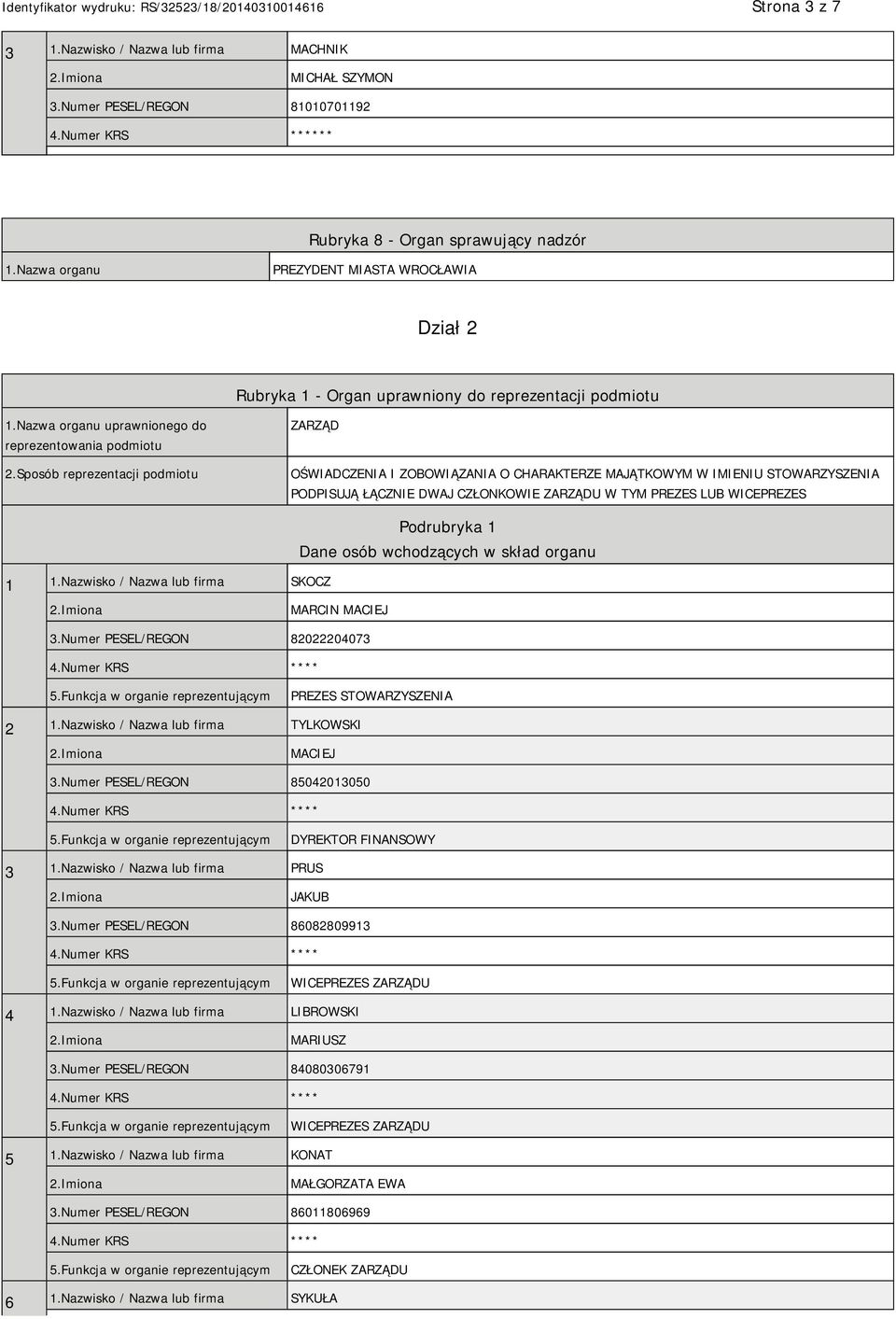 Sposób reprezentacji podmiotu ZARZĄD OŚWIADCZENIA I ZOBOWIĄZANIA O CHARAKTERZE MAJĄTKOWYM W IMIENIU STOWARZYSZENIA PODPISUJĄ ŁĄCZNIE DWAJ CZŁONKOWIE ZARZĄDU W TYM PREZES LUB WICEPREZES 1 1.