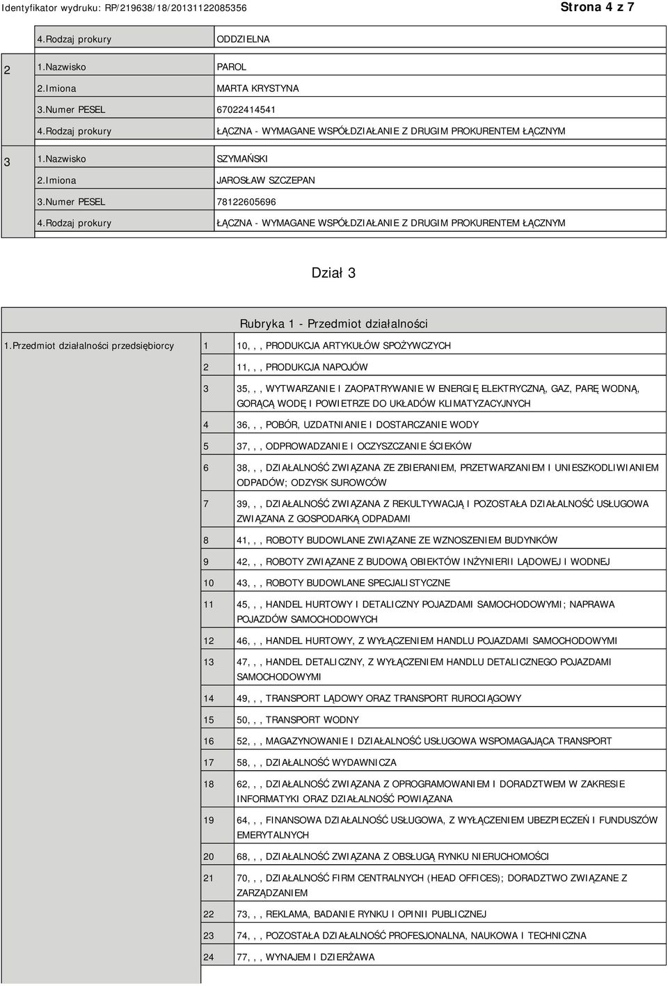 Przedmiot działalności przedsiębiorcy 1 10,,, PRODUKCJA ARTYKUŁÓW SPOŻYWCZYCH 2 11,,, PRODUKCJA NAPOJÓW 3 35,,, WYTWARZANIE I ZAOPATRYWANIE W ENERGIĘ ELEKTRYCZNĄ, GAZ, PARĘ WODNĄ, GORĄCĄ WODĘ I