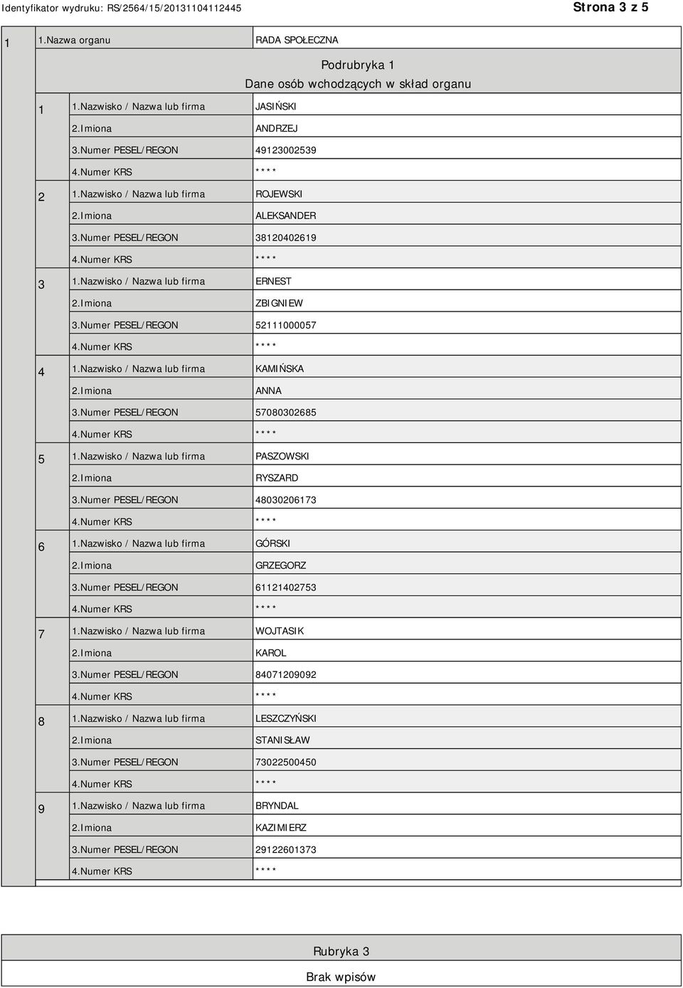 Nazwisko / Nazwa lub firma KAMIŃSKA ANNA 3.Numer PESEL/REGON 57080302685 5 1.Nazwisko / Nazwa lub firma PASZOWSKI RYSZARD 3.Numer PESEL/REGON 48030206173 6 1.