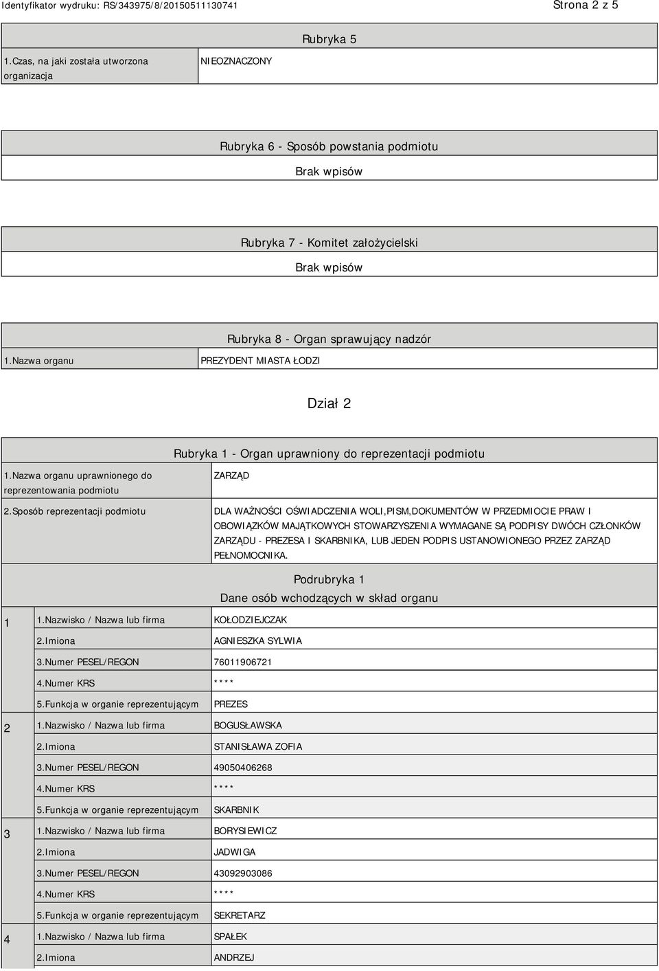 Sposób reprezentacji podmiotu ZARZĄD DLA WAŻNOŚCI OŚWIADCZENIA WOLI,PISM,DOKUMENTÓW W PRZEDMIOCIE PRAW I OBOWIĄZKÓW MAJĄTKOWYCH STOWARZYSZENIA WYMAGANE SĄ PODPISY DWÓCH CZŁONKÓW ZARZĄDU - PREZESA I