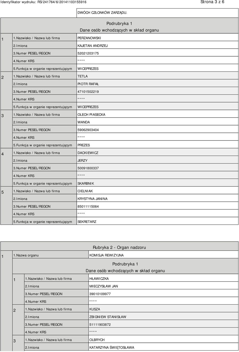 Nazwisko / Nazwa lub firma DACKIEWICZ JERZY 3.Numer PESEL/REGON 50091800337 SKARBNIK 5 1.Nazwisko / Nazwa lub firma CIELNIAK KRYSTYNA JANINA 3.