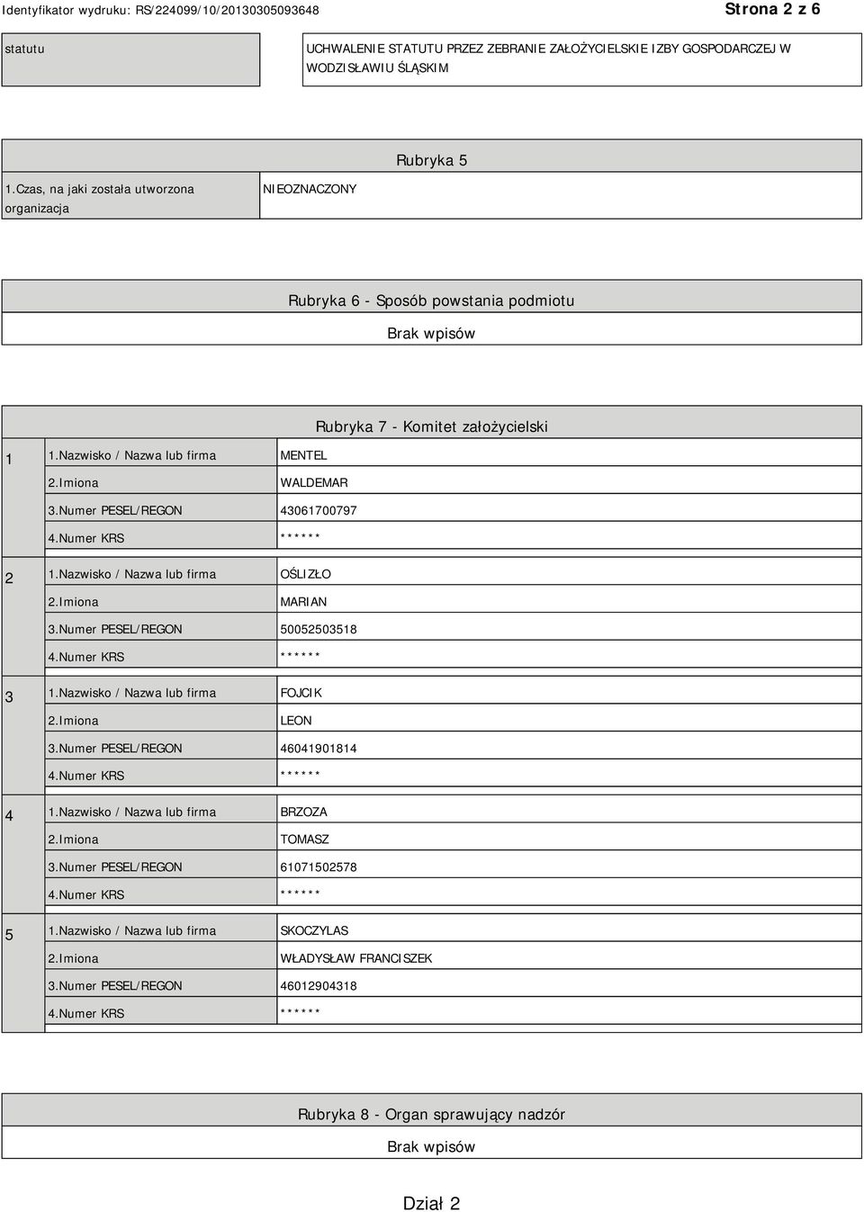 Nazwisko / Nazwa lub firma MENTEL Rubryka 7 - Komitet założycielski WALDEMAR 3.Numer PESEL/REGON 43061700797 2 1.Nazwisko / Nazwa lub firma OŚLIZŁO MARIAN 3.