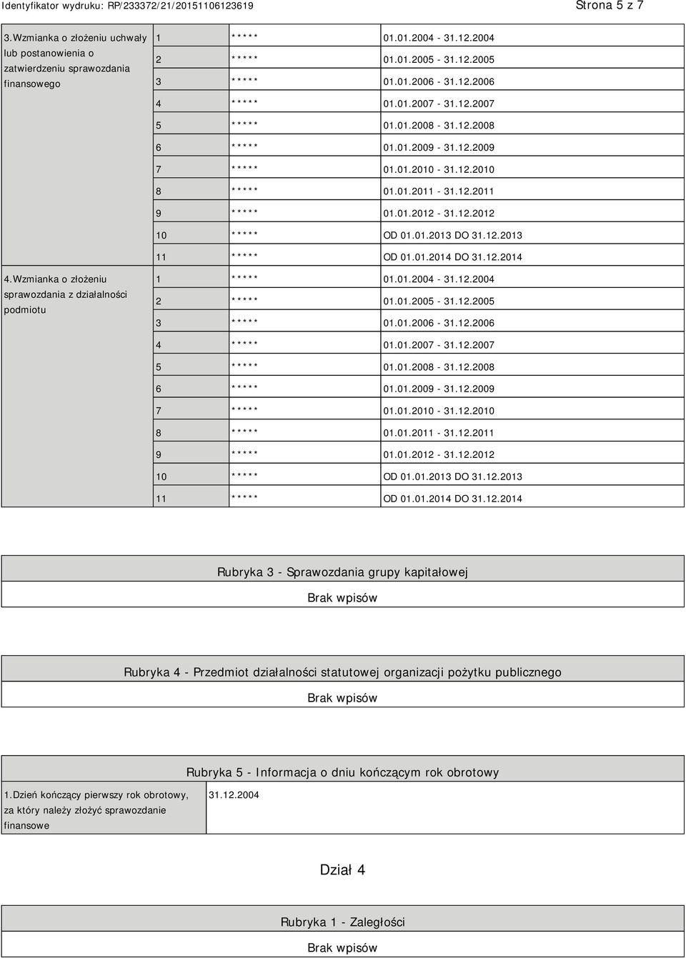 12.2013 11 ***** OD 01.01.2014 DO 31.12.2014 4.Wzmianka o złożeniu sprawozdania z działalności podmiotu 1 ***** 01.01.2004-31.12.2004 2 ***** 01.01.2005-31.12.2005 3 ***** 01.01.2006-31.12.2006 4 ***** 01.