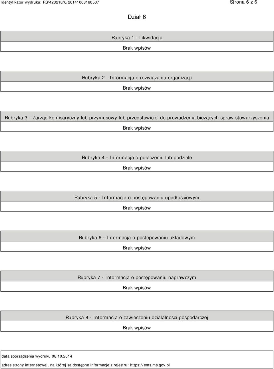 upadłościowym Rubryka 6 - Informacja o postępowaniu układowym Rubryka 7 - Informacja o postępowaniu naprawczym Rubryka 8 - Informacja o zawieszeniu