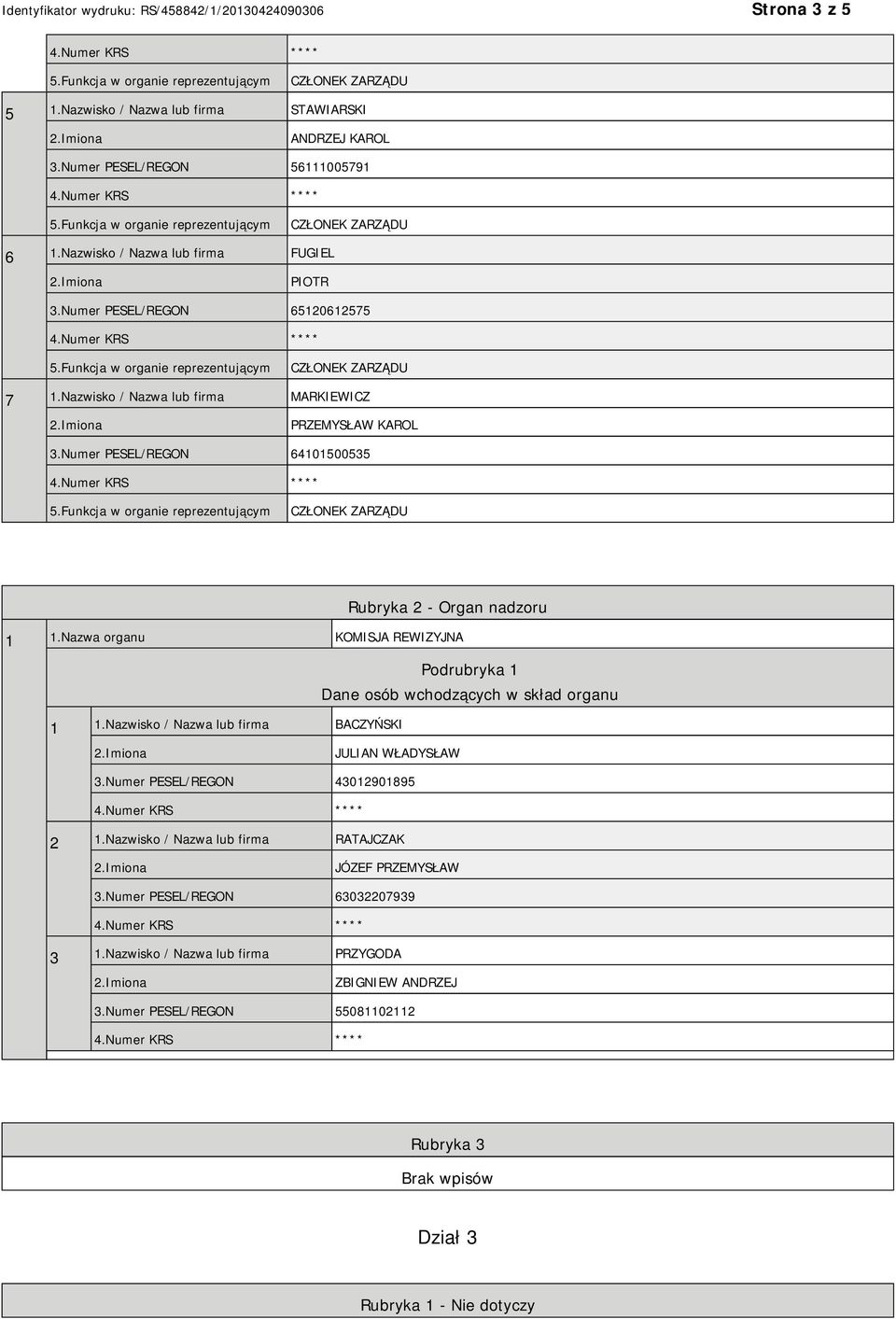 Nazwa organu KOMISJA REWIZYJNA Podrubryka 1 Dane osób wchodzących w skład organu 1 1.Nazwisko / Nazwa lub firma BACZYŃSKI JULIAN WŁADYSŁAW 3.