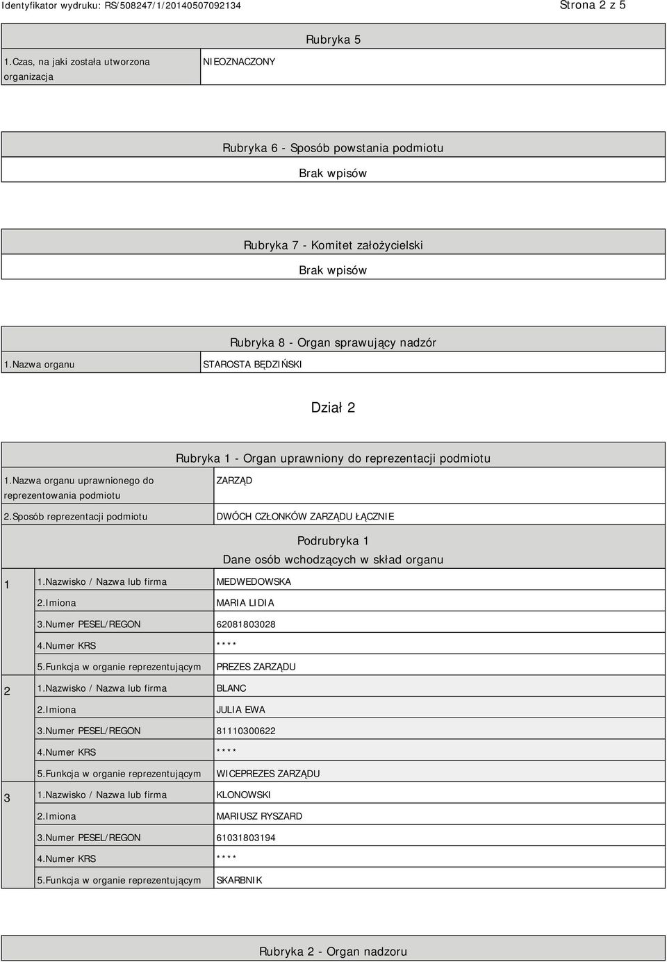 Sposób reprezentacji podmiotu ZARZĄD DWÓCH CZŁONKÓW ZARZĄDU ŁĄCZNIE 1 1.Nazwisko / Nazwa lub firma MEDWEDOWSKA Podrubryka 1 Dane osób wchodzących w skład organu MARIA LIDIA 3.