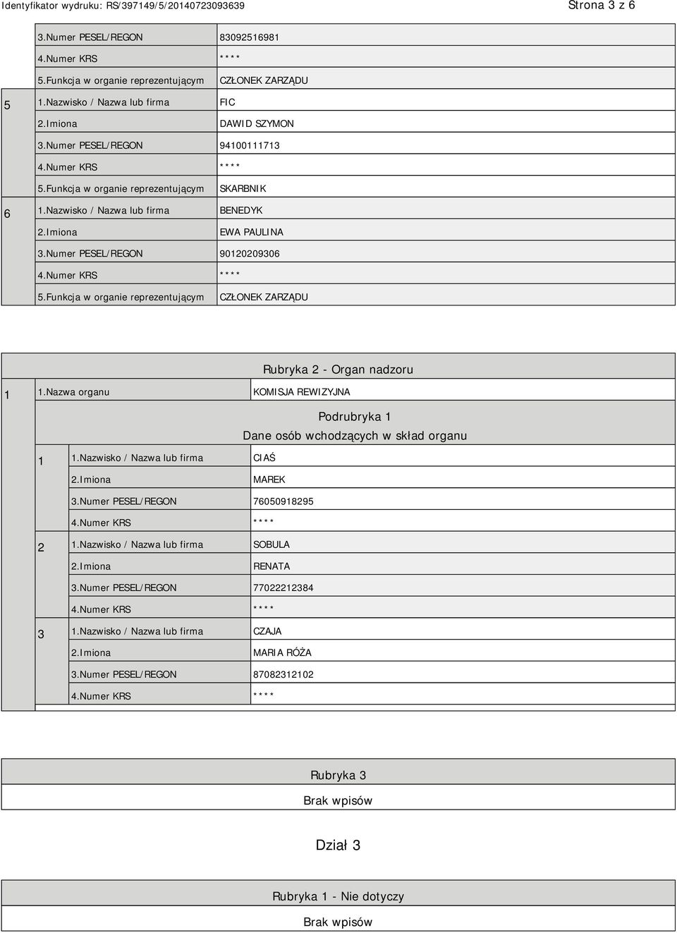 Nazwa organu KOMISJA REWIZYJNA Podrubryka 1 Dane osób wchodzących w skład organu 1 1.Nazwisko / Nazwa lub firma CIAŚ MAREK 3.