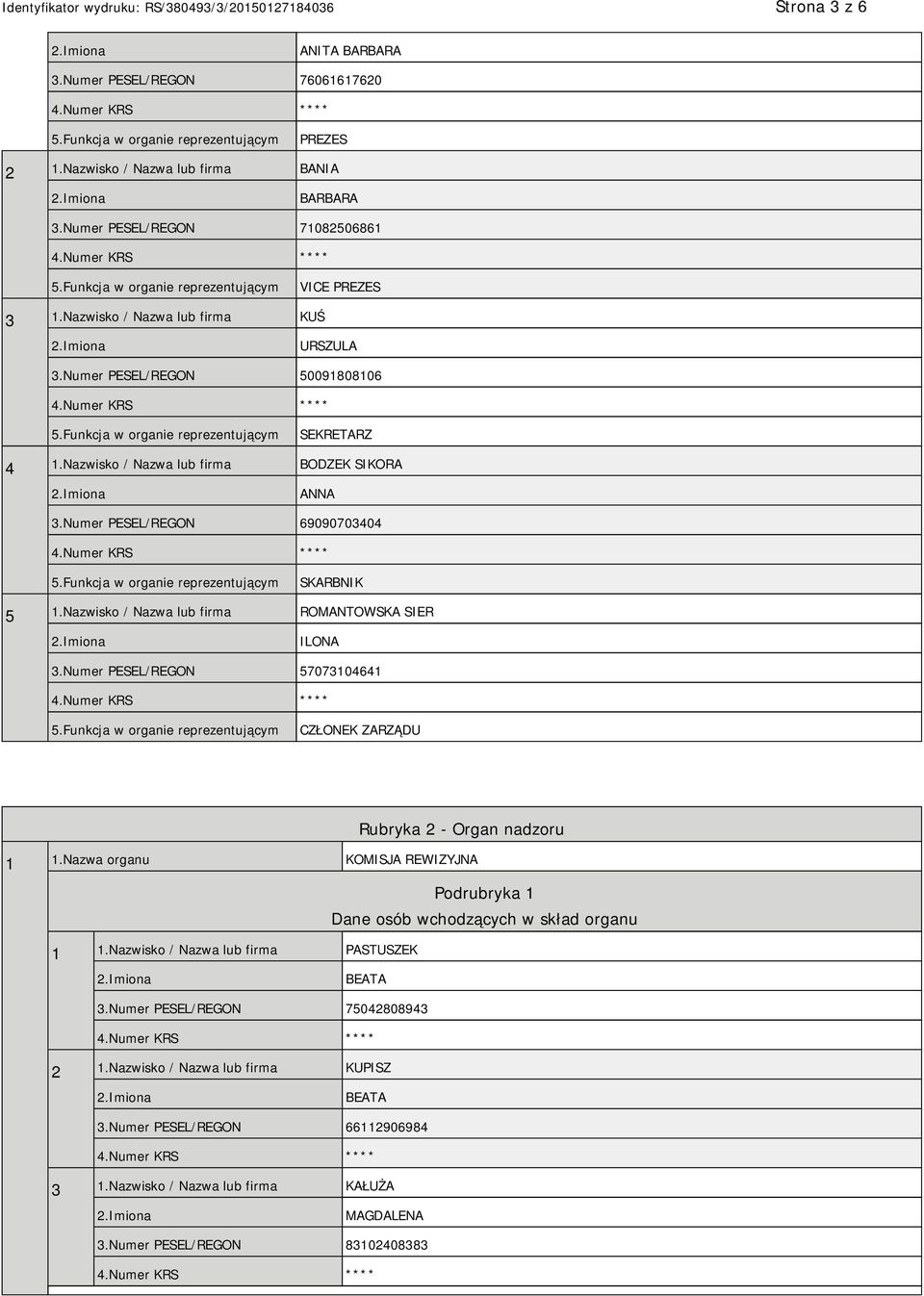 Nazwisko / Nazwa lub firma ROMANTOWSKA SIER ILONA 3.Numer PESEL/REGON 57073104641 CZŁONEK ZARZĄDU Rubryka 2 - Organ nadzoru 1 1.