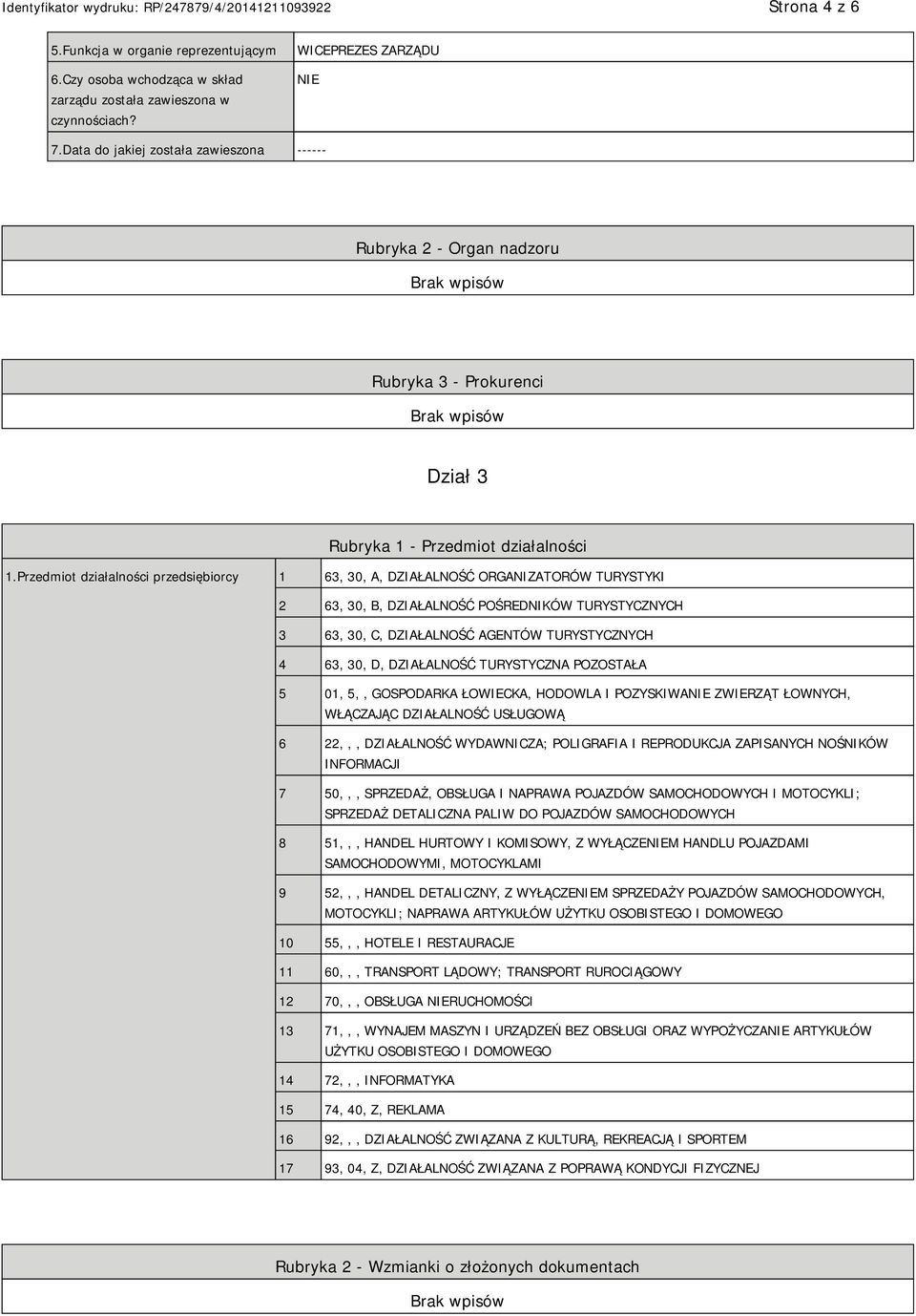 Przedmiot działalności przedsiębiorcy 1 63, 30, A, DZIAŁALNOŚĆ ORGANIZATORÓW TURYSTYKI 2 63, 30, B, DZIAŁALNOŚĆ POŚREDNIKÓW TURYSTYCZNYCH 3 63, 30, C, DZIAŁALNOŚĆ AGENTÓW TURYSTYCZNYCH 4 63, 30, D,