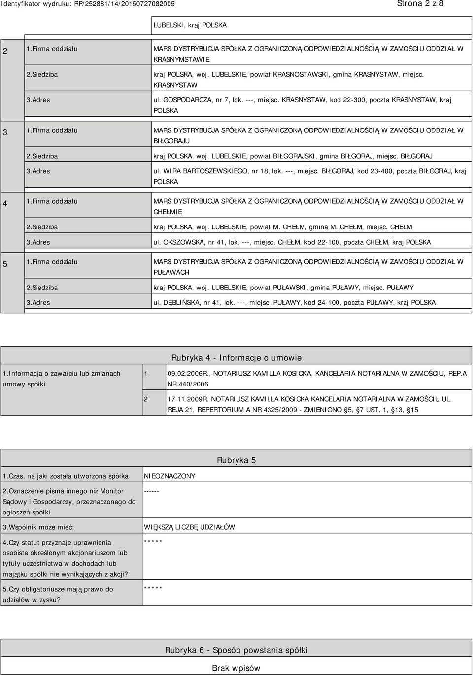 Firma oddziału MARS DYSTRYBUCJA SPÓŁKA Z OGRANICZONĄ ODPOWIEDZIALNOŚCIĄ W ZAMOŚCIU ODDZIAŁ W BIŁGORAJU kraj POLSKA, woj. LUBELSKIE, powiat BIŁGORAJSKI, gmina BIŁGORAJ, miejsc. BIŁGORAJ ul.