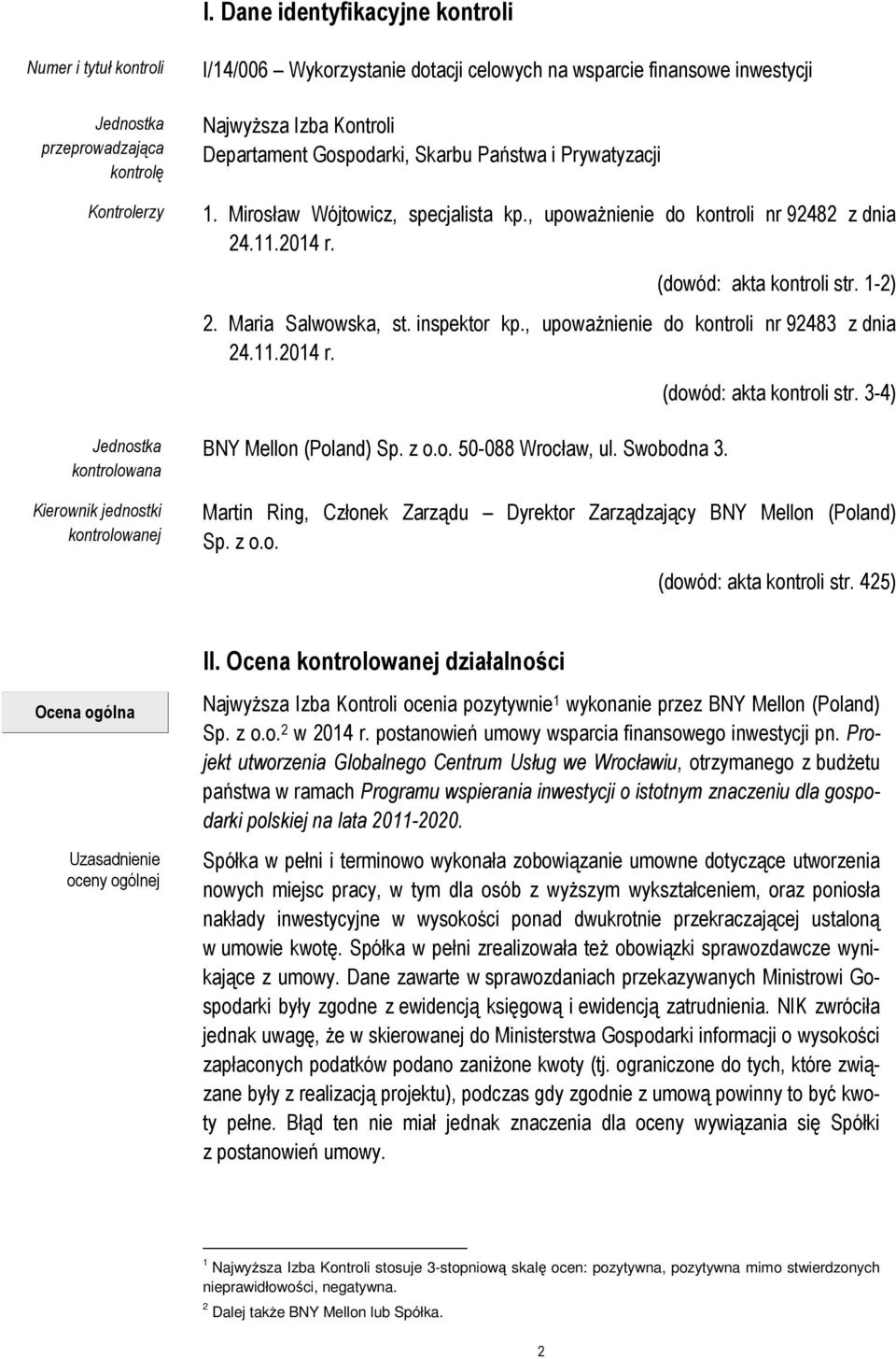 , upoważnienie do kontroli nr 92482 z dnia 24.11.2014 r. (dowód: akta kontroli str. 1-2) 2. Maria Salwowska, st. inspektor kp., upoważnienie do kontroli nr 92483 z dnia 24.11.2014 r. BNY Mellon (Poland) Sp.