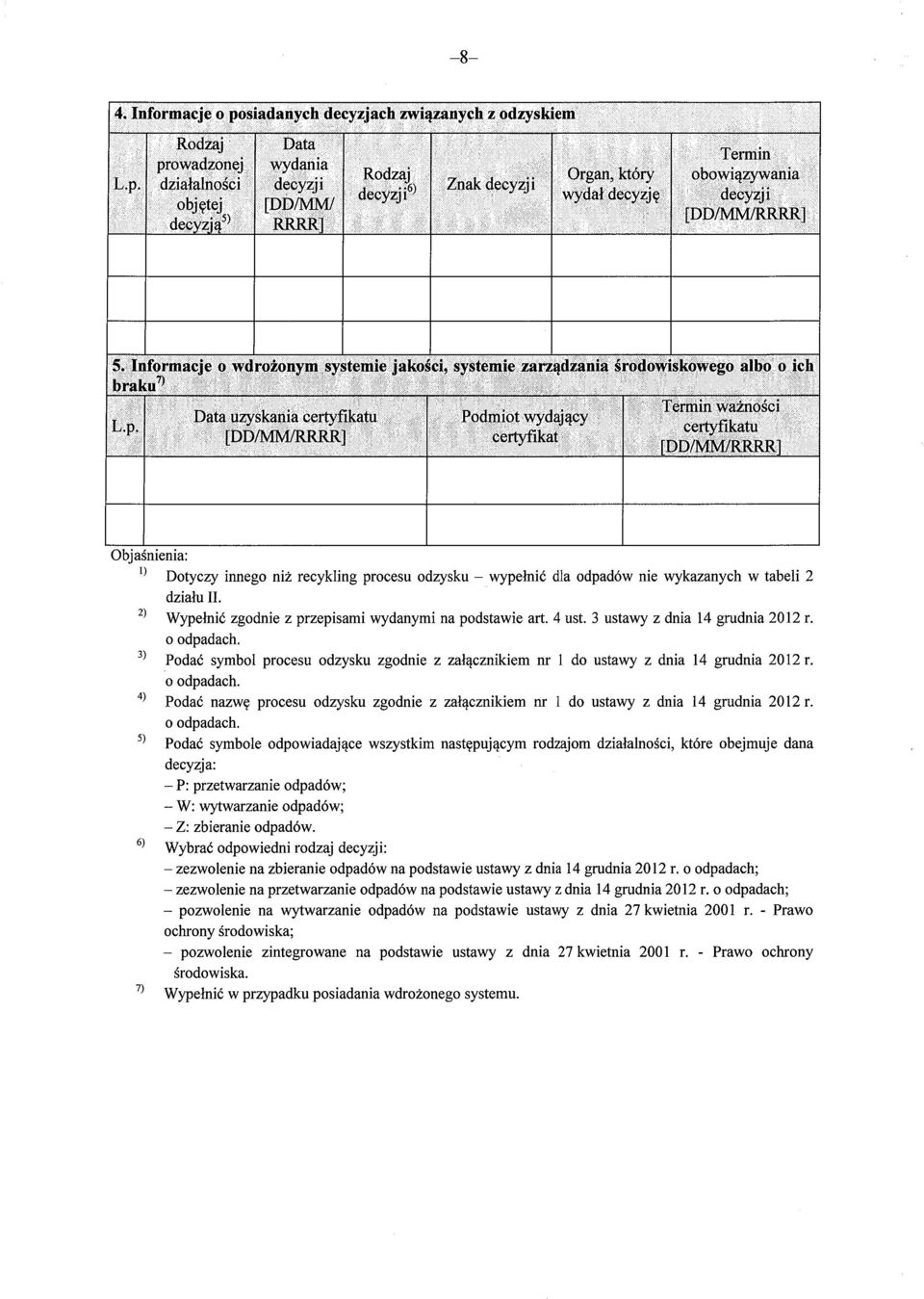 Data uzyskania certyfikatu Podmiot wydaj ący certyfikat Termin ważności [DD/ M /RRRR] Objaśnienia: 1) Dotyczy innego niż recykling procesu odzysku wype łnić dla odpadów nie wykazanych w tabeli 2