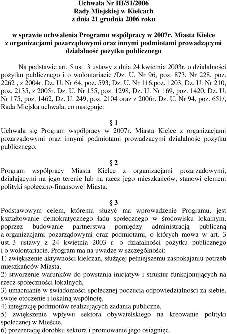 o działalności poŝytku publicznego i o wolontariacie /Dz. U. Nr 96, poz. 873, Nr 228, poz. 2262, z 2004r. Dz. U. Nr 64, poz. 593, Dz. U. Nr 116,poz. 1203, Dz. U. Nr 210, poz. 2135, z 2005r. Dz. U. Nr 155, poz.