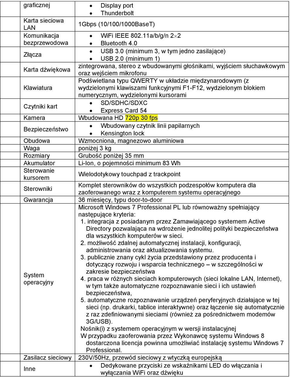 0 (minimum 1) zintegrowana, stereo z wbudowanymi głośnikami, wyjściem słuchawkowym Karta dźwiękowa oraz wejściem mikrofonu Podświetlana typu QWERTY w układzie międzynarodowym (z Klawiatura