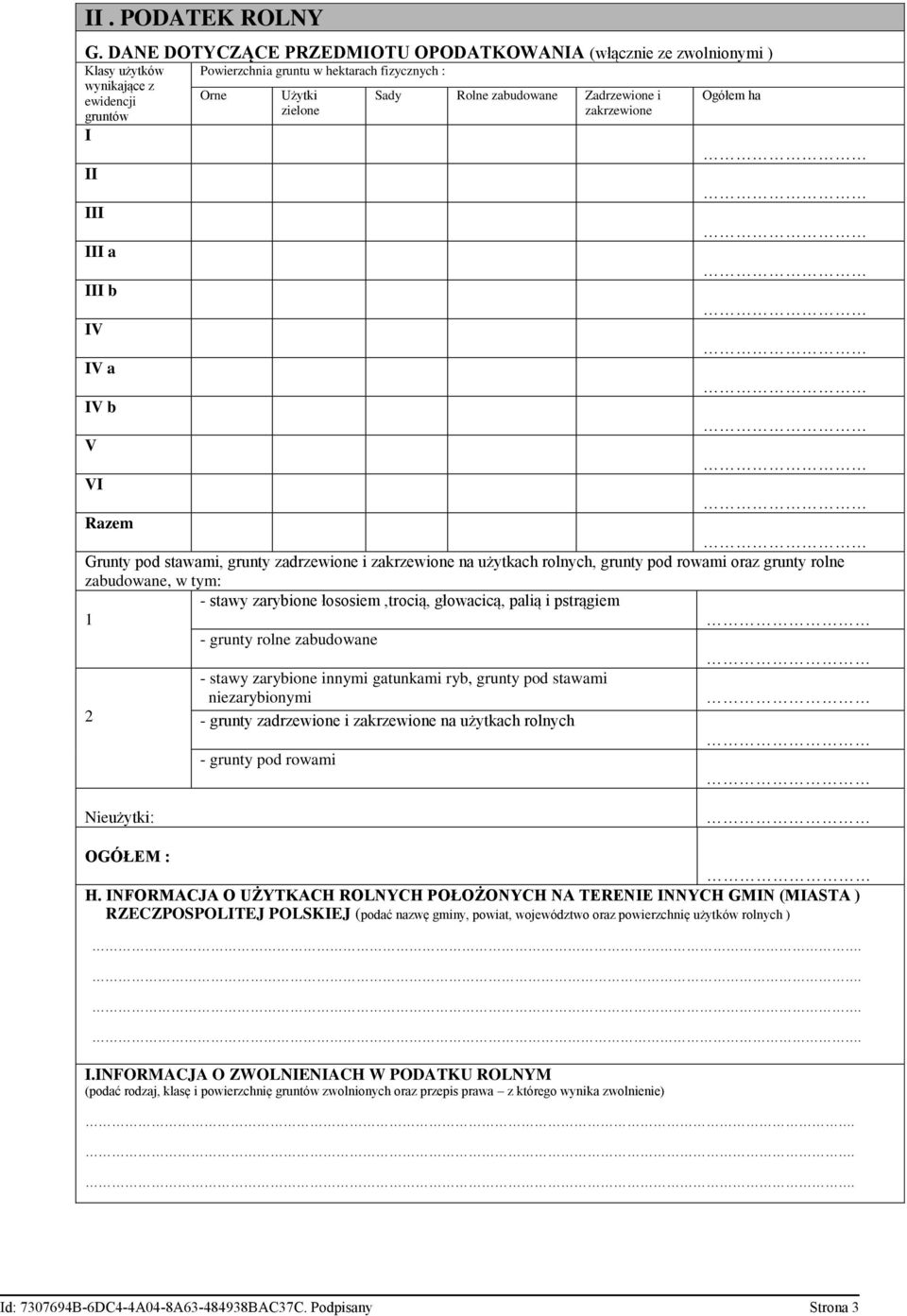 zabudowane Zadrzewione i zakrzewione Ogółem ha II III III a III b IV IV a IV b V VI Razem Grunty pod stawami, grunty zadrzewione i zakrzewione na użytkach rolnych, grunty pod rowami oraz grunty rolne