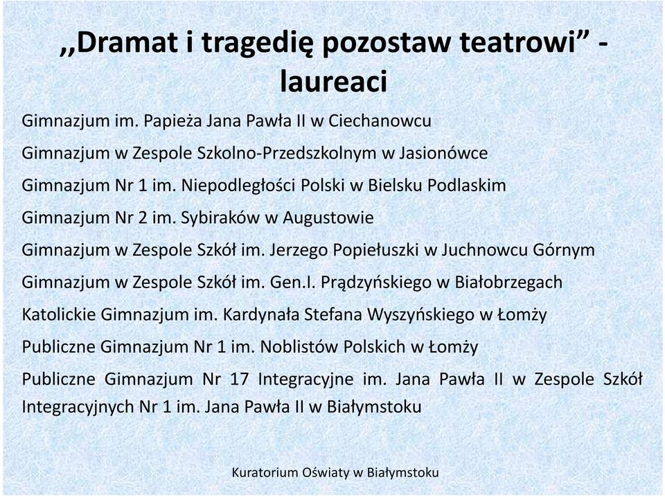 Niepodległości Polski w Bielsku Podlaskim Gimnazjum Nr 2 im. Sybiraków w Augustowie Gimnazjum w Zespole Szkół im.