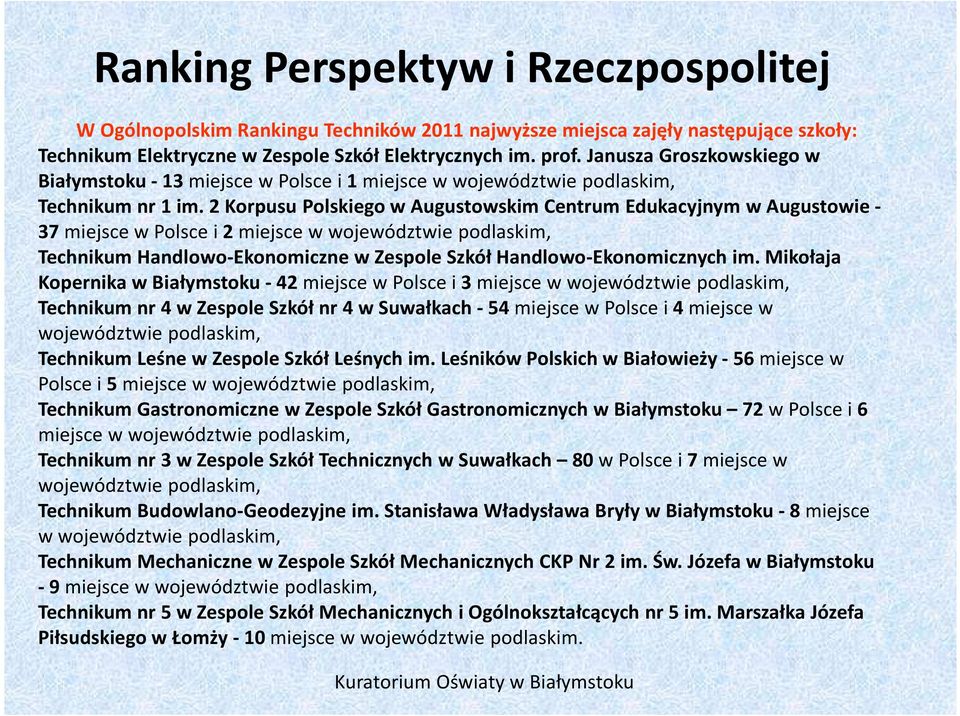 2 Korpusu Polskiego w Augustowskim Centrum Edukacyjnym w Augustowie - 37 miejsce w Polsce i 2 miejsce w województwie podlaskim, Technikum Handlowo-Ekonomiczne w Zespole Szkół Handlowo-Ekonomicznych