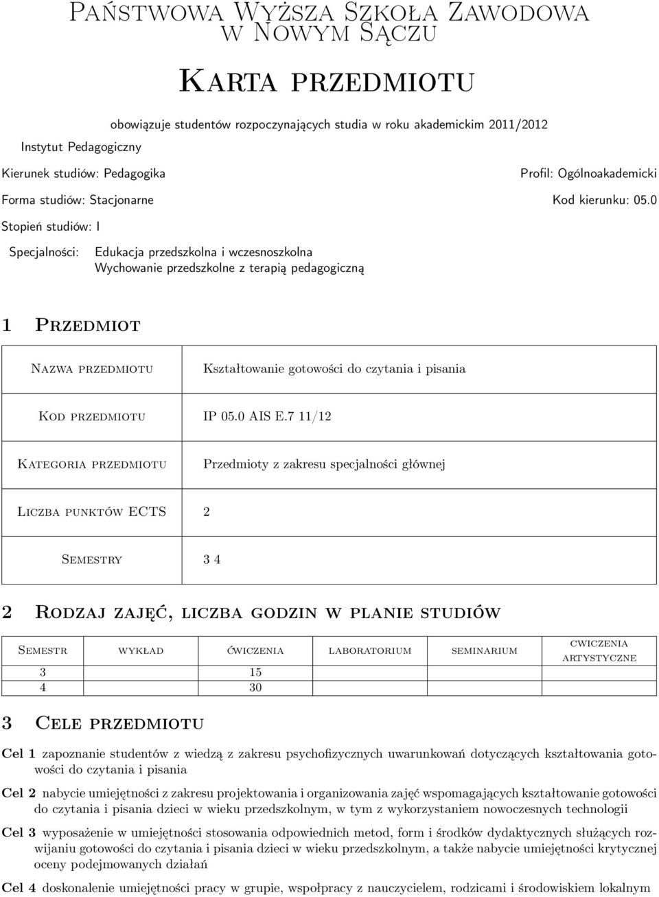 0 Stopień studiów: I Specjalności: Edukacja przedszkolna i wczesnoszkolna Wychowanie przedszkolne z terapią pedagogiczną 1 Przedmiot Nazwa Kształtowanie gotowości do czytania i pisania Kod IP 05.