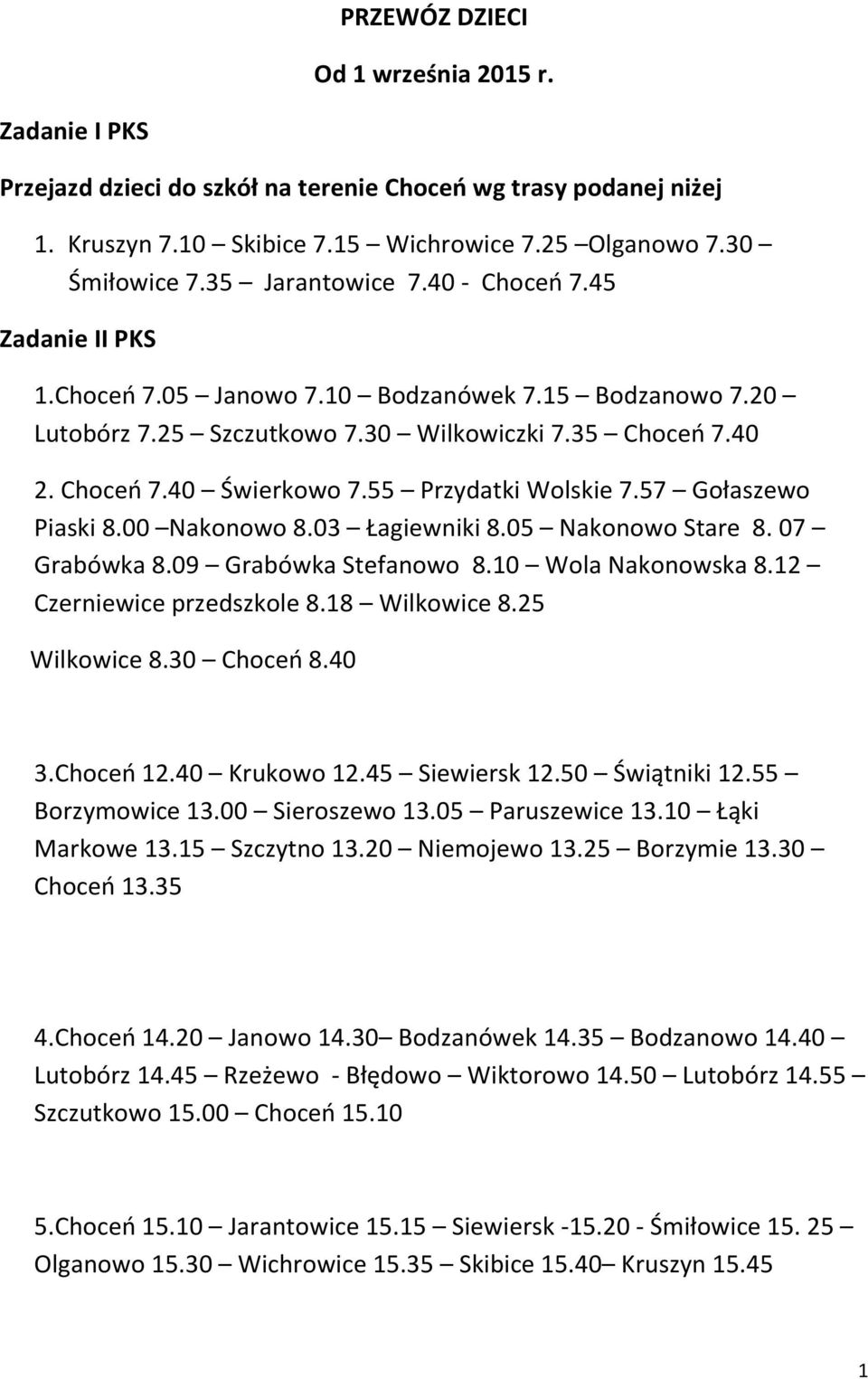 05 Nakonowo Stare 8. 07 Grabówka 8.09 Grabówka Stefanowo 8.10 Wola Nakonowska 8.12 Czerniewice przedszkole 8.18 Wilkowice 8.25 Wilkowice 8.30 Choceo 8.40 3.Choceo 12.40 Krukowo 12.45 Siewiersk 12.