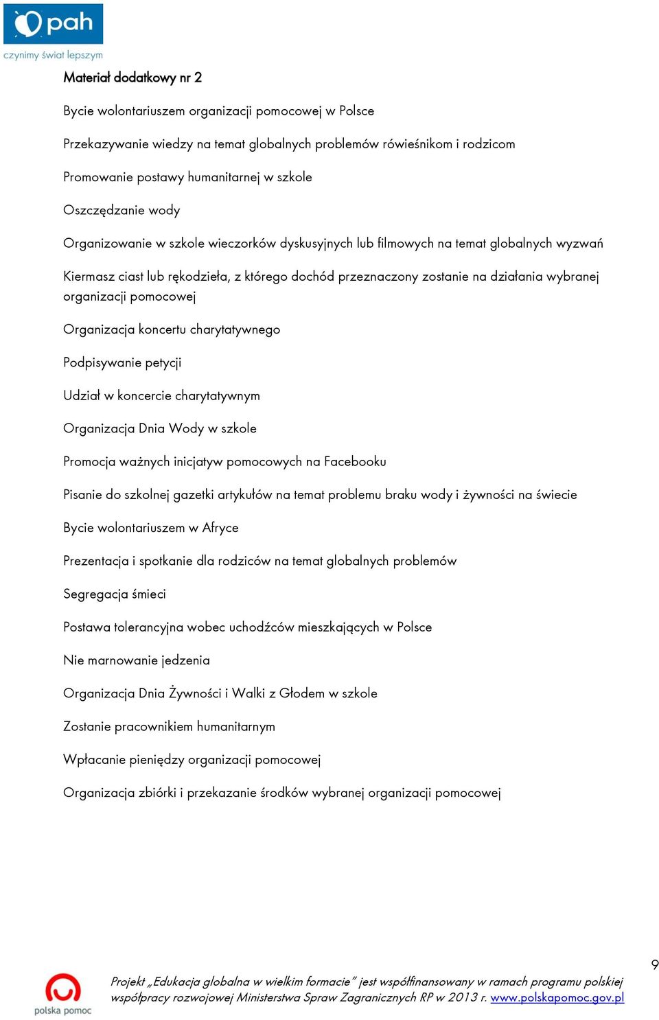 organizacji pomocowej Organizacja koncertu charytatywnego Podpisywanie petycji Udział w koncercie charytatywnym Organizacja Dnia Wody w szkole Promocja ważnych inicjatyw pomocowych na Facebooku