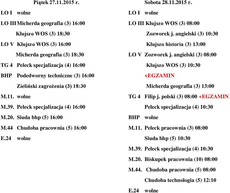 LO III Micherda geografia (3) 16:00 Kłujszo WOS (3) 18:30 LO V Kłujszo WOS (3) 16:00 Micherda geografia (3) 18:30 TG 4 Peleck specjalizacja (4) 16:00 BHP Podedworny techniczne (3) 16:00 Zieliński