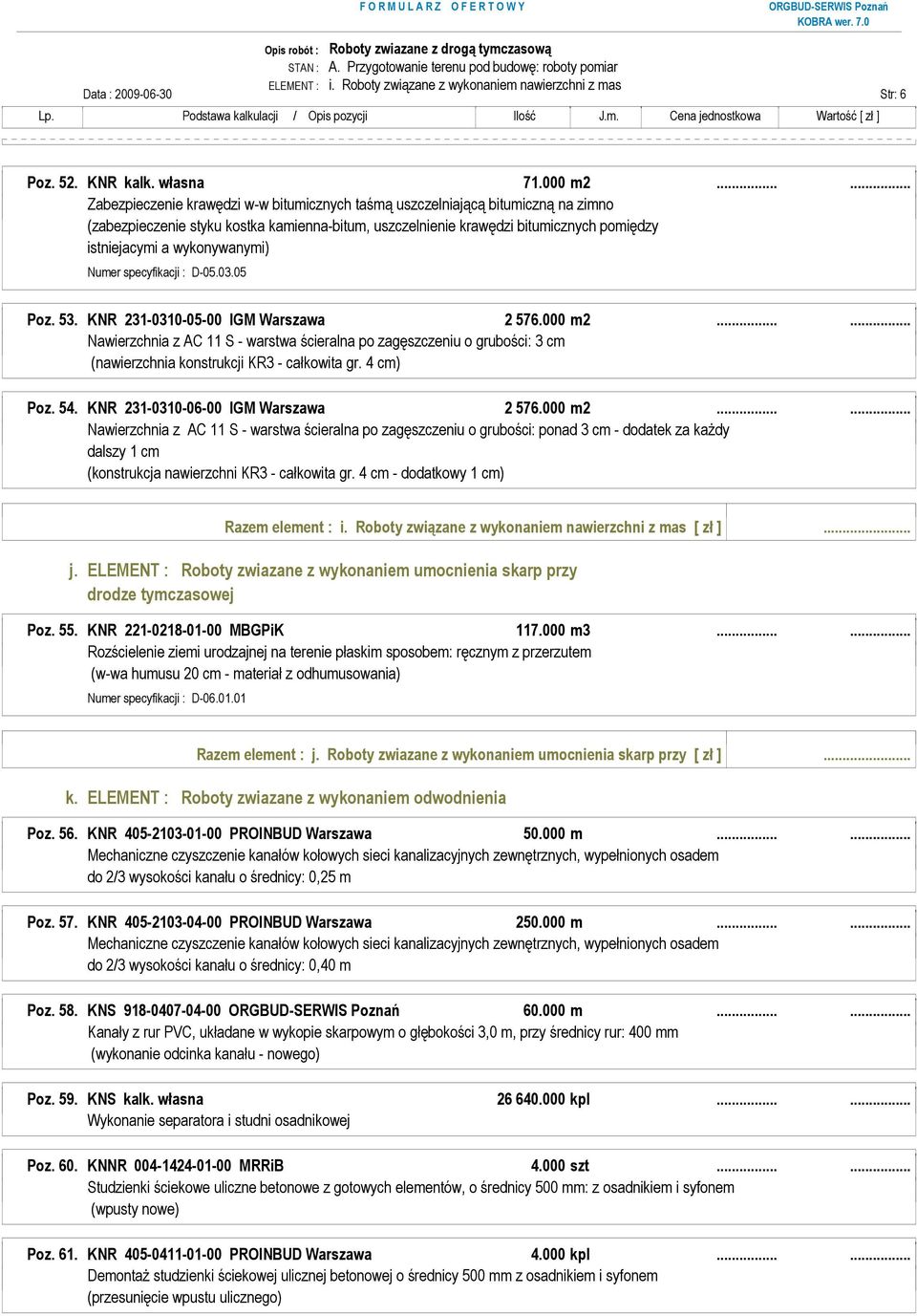 wykonywanymi) Numer specyfikacji : D-05.03.05 Poz. 53. KNR 231-0310-05-00 IGM Warszawa 2 576.000 m2.