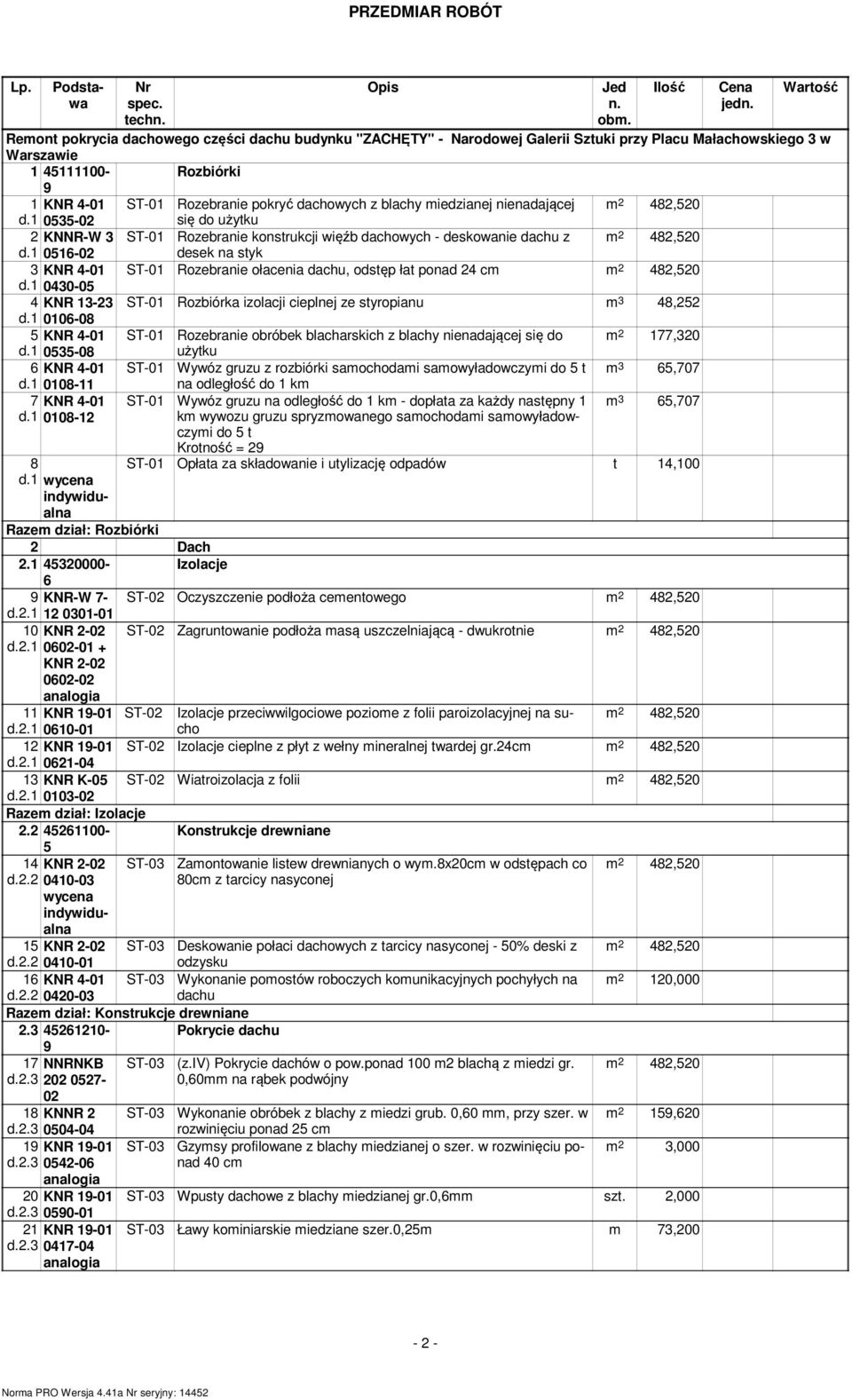 dachowych z blachy miedzianej nienadającej d.1 0535-02 się do użytku 2 KNNR-W 3 ST-01 Rozebranie konstrukcji więźb dachowych - deskowanie dachu z d.