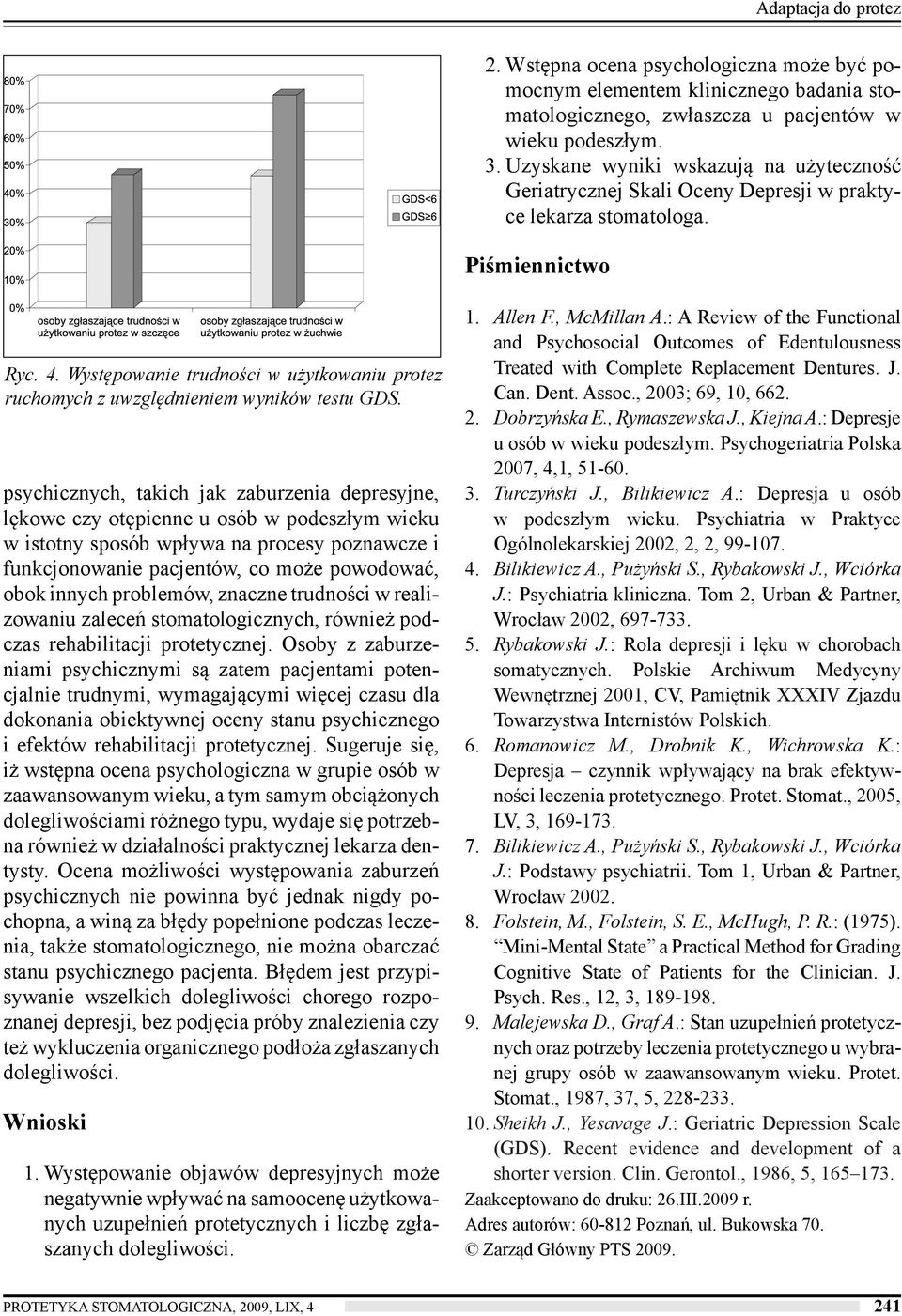 Występowanie trudności w użytkowaniu protez ruchomych z uwzględnieniem wyników testu GDS.