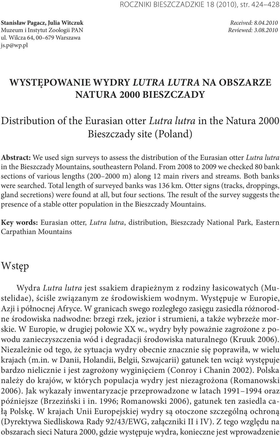 assess the distribution of the Eurasian otter Lutra lutra in the Bieszczady Mountains, southeastern Poland.
