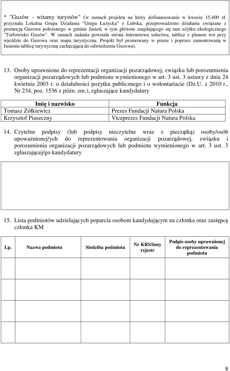 "Torfowisko Guzów". W ramach zadania powstała strona internetowa sołectwa, tablice z planem wsi przy wjeździe do Guzowa oraz mapa turystyczna.