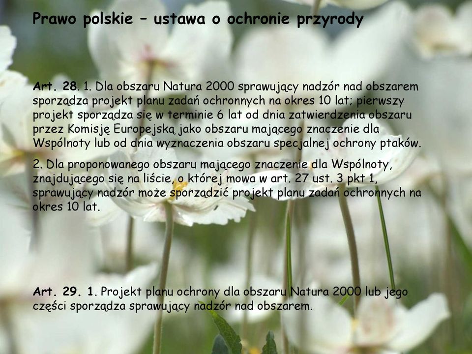 zatwierdzenia obszaru przez Komisję Europejską jako obszaru mającego znaczenie dla Wspólnoty lub od dnia wyznaczenia obszaru specjalnej ochrony ptaków. 2.