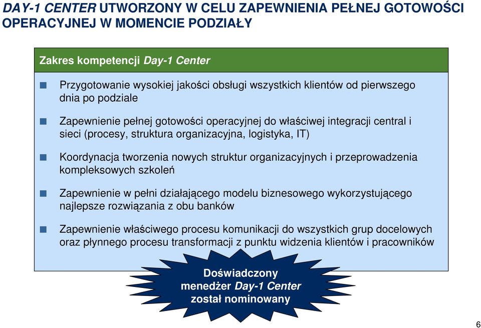 nowych struktur organizacyjnych i przeprowadzenia kompleksowych szkoleń Zapewnienie w pełni działającego modelu biznesowego wykorzystującego najlepsze rozwiązania z obu banków