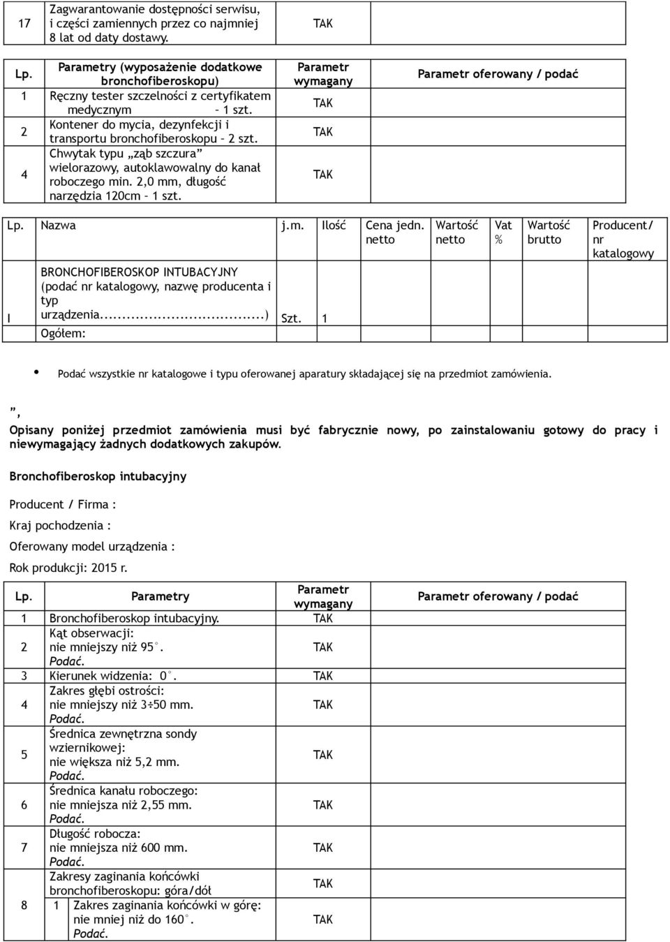 Chwytak typu ząb szczura wielorazowy, autoklawowalny do kanał 4 roboczego min. 2,0 mm, długość narzędzia 120cm 1 szt. oferowany / podać Nazwa j.m. Ilość Cena jedn.