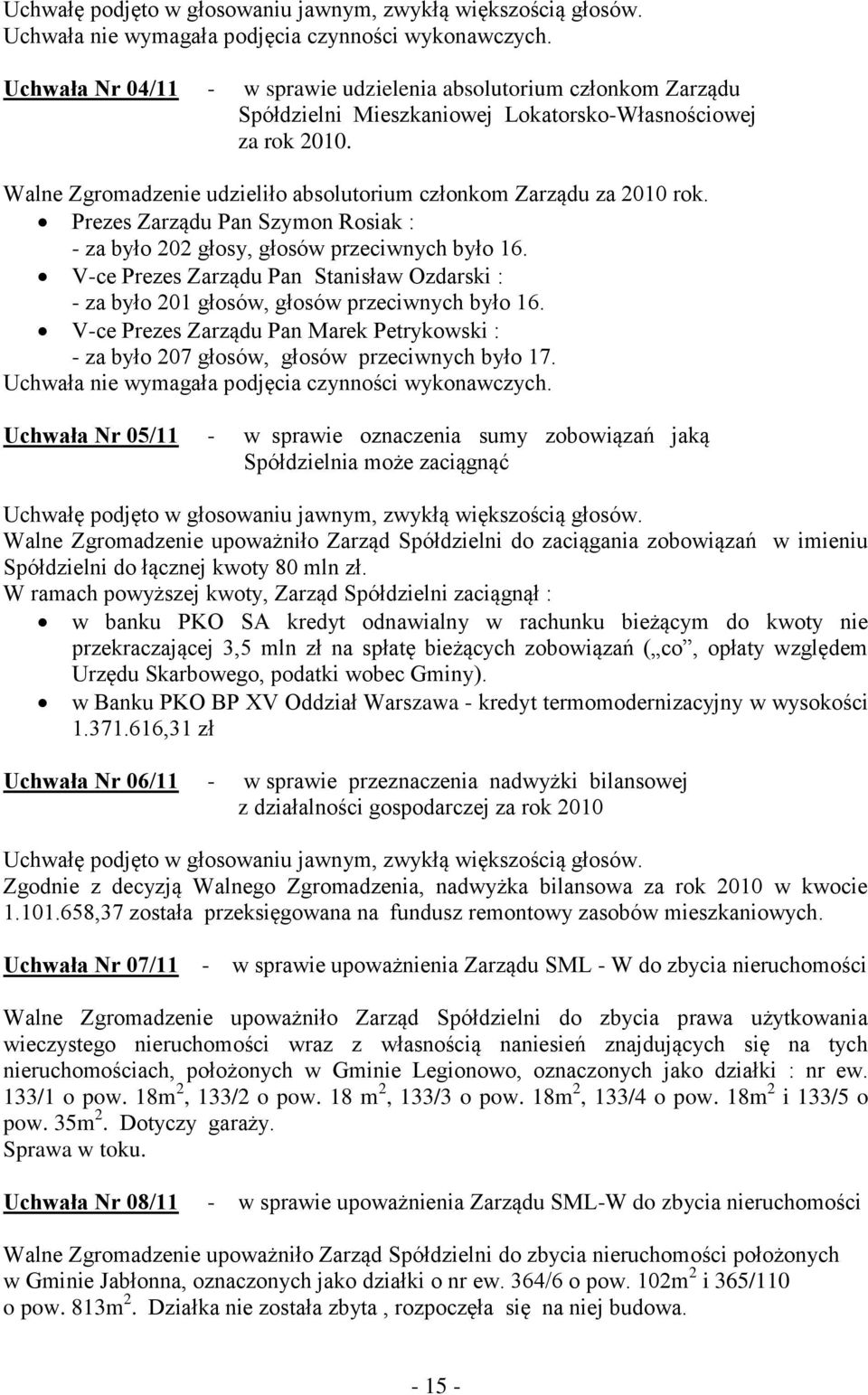 Walne Zgromadzenie udzieliło absolutorium członkom Zarządu za 2010 rok. Prezes Zarządu Pan Szymon Rosiak : - za było 202 głosy, głosów przeciwnych było 16.